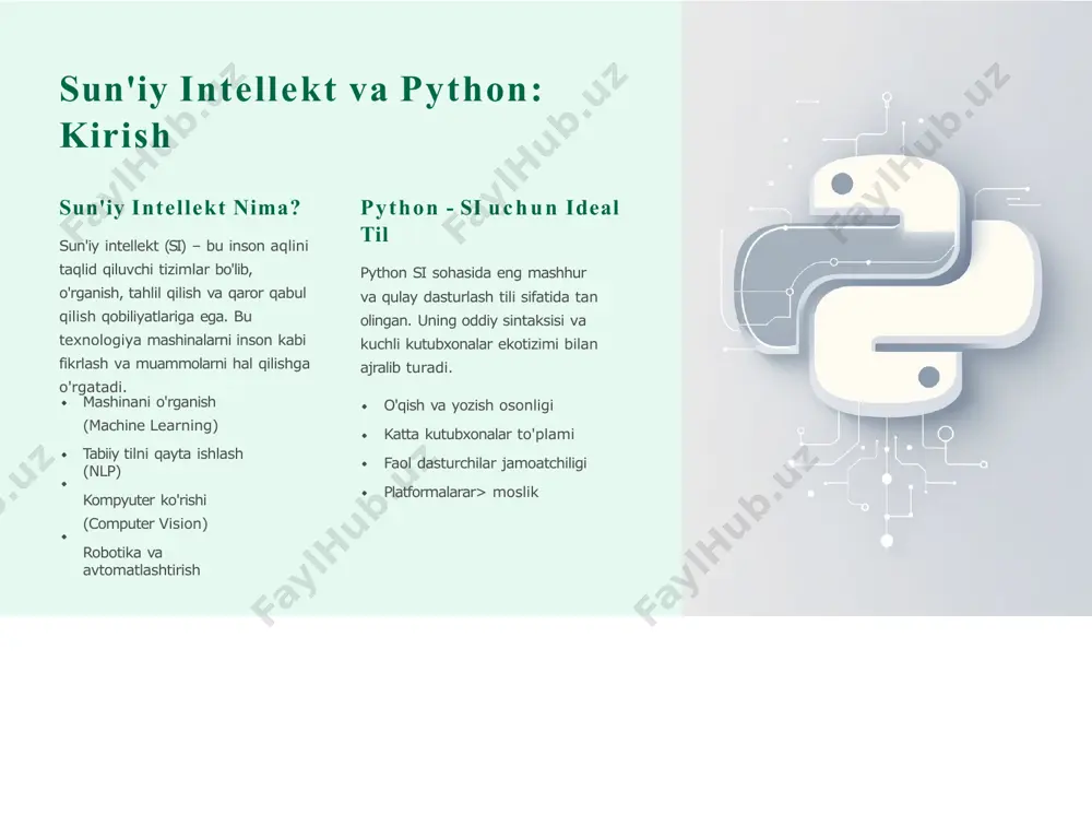 rmers: zamonaviy til modellari (gpt, bert) bilan ishlash. ushbu vositalar murakkab algoritmlarni tez va samarali yaratishga yordam beradi, bu esa python tilini si rivojlantirishning asosiy vositasiga aylantirgan. python va si: amaliy misollar tibbiyot sohasida python yordamida tibbiy tasvirlarni tahlil qilish va kasalliklarni erta aniqlash tizimlari yaratilmoqda. mri, ct skanerlari natijalarini tahlil qilish, rak kasalligini boshlang'ich bosqichda aniqlash va dori-darmonlarni personallashtirishda foydalaniladi. radiologik tasvirlarni avtomatik tahlil qilish genomika va personallashtirilgan tibbiyot dori-darmonlarni kashf qilish jarayonini tezlashtirish moliyaviy sohada moliya sektorida python algoritmik savdo, risk tahlili va firibgarlikni aniqlash tizimlarida qo'llaniladi. bozor trendlarini bashorat qilish, portfelni optimallashtirish va xavflarni boshqarishda keng foydalaniladi. algoritmik savdo strategiyalari kredit riski va stress testlari kriptovalyuta bozorlarini tahlil qilish mijozlarga xizmat ko'rsatish python yordamida yaratilgan chatbot va virtual yordamchilar mijozlar bilan aloqada yangi darajaga chiqdi. bu tizimlar 24/7 mijozlarga yordam berish, savol-javoblarni avtomatlashtirish va mijozlar tajribasini yaxshilashda muhim rol o'ynaydi. intelligent virtual yordamchilar hissiyotlarni tahlil qilish ko'p …