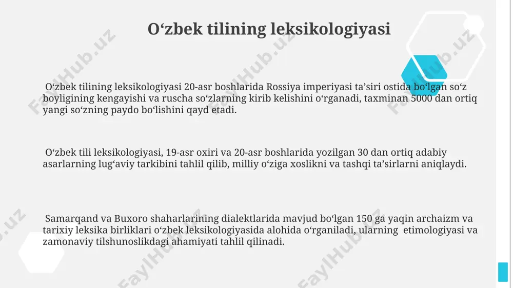 tilining tarixiy rivojlanishi xorazm, buxoro va samarqand kabi shaharlarda xi-xv asrlarda turkiy adabiy tilning shakllanishiga oʻzbek tili asos boʻlib, koʻplab adabiy asarlar 30 dan ortiq turkiy shevalar aralashmasidan yaratildi. oʻzbek tilining qadimgi turkiy lahjalaridan, milodiy i-ii asrlarda markaziy osiyoda shakllangan, hozirgi qipchoq guruhiga mansub boʻlgan qonunlar va yozuv namunalaridan topilgan dalillar bilan tasdiqlanadi. xvi asrdan boshlab, oʻzbek tili turli xil yozuv tizimlaridan, jumladan arab yozuvidan foydalanib, 500 yildan ortiq davrda adabiyot va madaniyat taraqqiyotiga katta hissa qoʻshdi. oʻzbek tilining kelajagi va rivojlanish yoʻllari oʻzbek tili lugʻat boyligini 100 000 dan ortiq soʻz bilan kengaytirish va samarqand, buxoro kabi tarixiy shaharlardagi dialektlarni oʻrganish muhim. oʻzbekiston respublikasining 2030-yilgacha boʻlgan davlat dasturida ona tili taʼlimining sifatini 25% ga oshirish va xalqaro hamjamiyat bilan hamkorlikni kuchaytirish belgilangan. oʻzbek tilining kelajagi zamonaviy texnologiyalar, jumladan, sunʼiy intellekt va 5g tarmoqlari orqali 21-asrda global miqyosda kengayishi bilan bogʻliq. oʻzbek tilining taʼsiri va oʻzaro aloqasi oʻzbek tili, 20-asrda …