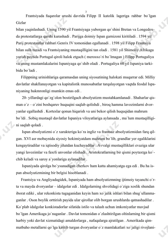 h va uni bekor qilish huquqidan mahrum bo`ldi . sobiq mustaqil davlatlar ispaniya viloyatlariga aylansada , ma`lum mustaqilligi- ni saqlab qoladi . ispan absolyutizmi o`z xarakteriga ko`ra ingliz va frantsuz absolyutizmidan farq qil- gan. xvi asr mobaynida siyosiy hokimiyatdam mahrum bo`lib, grandlar yer egaliklarini kengaytiradilar va iqtisodiy jihatdan kuchayadilar . avvalgi mustaqilliklari evaziga ular yangi lavozimlar va faxrli unvonlar olishadi . aristokratlarning bir qismi poytaxtga ko`- chib keladi va saroy a`yonlariga aylanadilar . ispaniyada qirolga bo`ysunadigan cherkov ham katta ahamiyatga ega edi . bu ha is- pan absolyutizmining bir belgisi hisoblanadi . frantsiya va angliyadagidek, ispaniyada ham absolyutizmning ijtimoiy tayanchi o`r- ta va mayda dvoryanlar – idalgolar edi . idalgolarning shvolidagi o`ziga xoslik shundan iborat ediki , ular rekonkista tugaganidan keyin ham xo`jalik ishlari bilan shug`ullanma- ganlar . oson boylik orttirish payida ular qirollar olib borgan urushlarda qatnashadilar . ko`plab idalgolar konkistadorlar sifatida istilo va talash uchun imkoniyatlar mavjud bo`lgan …