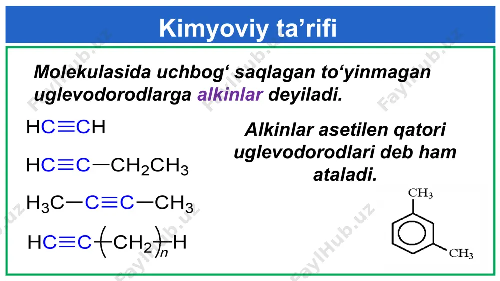 ishi! asetilen organik sintez mahsulotlarini olishda dastlabki homashyo sifatida keng qo‘llaniladi. test topshiriqlari yonish reaksiyasi asetilen kislorodda yondirilganda temperatura 30000c ko‘tariladi. bu holatdan metallarni payvandlashgacha va kesishda foydalaniladi. topshiriq. c6h10 ni izomerlarini yozing. c5h8 tarkibidagi uglerodning foiz tarkibini aniqlang. e’tiboringiz uchun rahmat!