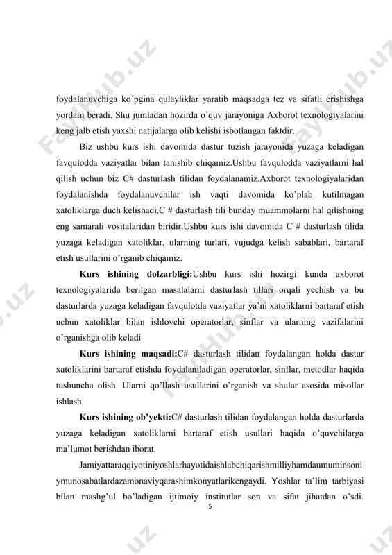 liq ma’lumot berish va uni amalda qo’llash. kurs ishining predmeti: c# dasturlash tilini keng targ’ib qilish. kurs ishining tarkibi: kurs ishiga kirish, 2 ta bob, xulosa va foydalanilgan adabiyotlar ro’yxatidan iborat. i bob. c# dasturlash tili 1.1. c# dasturlash tilining tarixi va uning kelib chiqishi. . net frameworkni ishlab chiqish jarayonida sinf kutubxonalari dastlab "simple managed c" (smc) deb nomlangan boshqariladigan kod kompilyator tizimidan foydalanib yozilgan. 1999-yil yanvar oyida anders xeylsberg cool deb nomlangan paytda yangi til yaratish uchun guruh tuzdi, bu guruh "c ga o'xshash ob'ektga yo'naltirilgan til" degan ma'noni anglatadi. microsoft "cool" nomini tilning oxirgi nomi sifatida saqlashni o'ylab topdi, ammo savdo belgilariga bog'liq ravishda bunday qilmaslikni tanladi. .net loyihasi 2000 yil iyul oyida professional ishlab chiquvchilar konferentsiyasida e'lon qilindi. til c# nomini oldi va sinf kutubxonalari va asp.net ish vaqti c# ga ko'chirildi. hejlsberg - c# kompaniyasining bosh dizayneri va microsoft-ning yetakchi arxitektori va ilgari turbo paskal, …