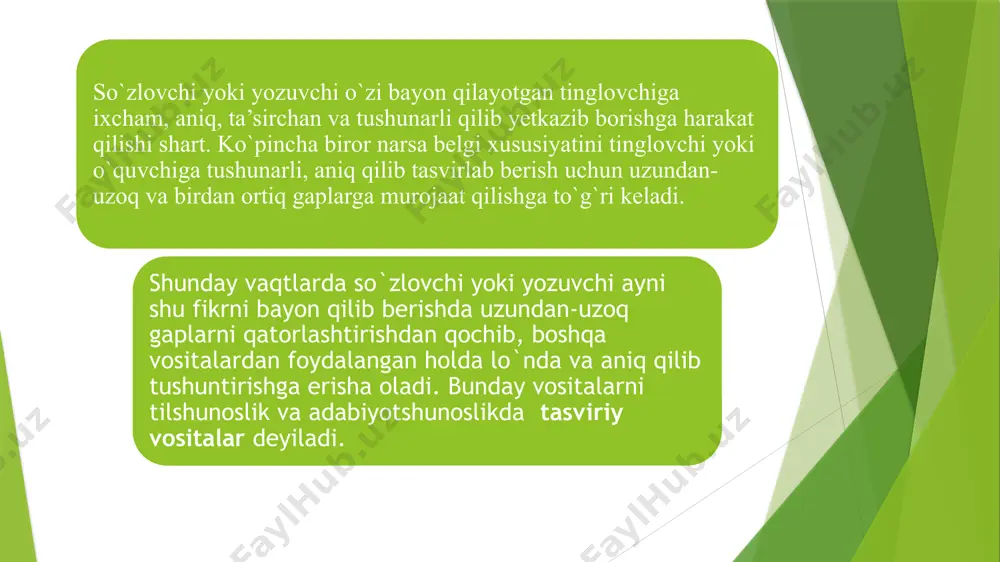 b'ekt nomini almashtirishdan iborat bo'lgan trop yoki ularning muhim belgilarining tavsifi yoki xarakterli belgilarini ko'rsatadigan hodisa: "hayvonlar qiroli sher", "tumanli albion" - angliya, "shimoliy venetsiya" - sankt-peterburg, "rus she'riyati quyoshi" - a. pushkin. 12. giperbola- (yunoncha giperboladan - mubolag'a) - uslubiy figura, majoziy mubolag'adan iborat - "ular bulutlar ustida pichanni supurishdi", "sharob daryo kabi oqdi" (i.krilov), "yuz qirq quyosh. quyosh botishi yondi" (v. mayakovskiy ), "butun dunyo sizning kaftingizda ..." (v. vysotskiy). boshqa troplar singari, giperbolalar ham mualliflik va umumiy til bo'lishi mumkin. kundalik nutqda biz bunday umumiy til giperbolasini tez-tez ishlatamiz - men yuz marta ko'rdim (eshitdim), "o'limdan qo'rqish", "qo'llarimga bo'g'ish", "tugunimcha raqs tushish", "yigirma marta takrorlash" va hokazo. giperbolaga qarama-qarshi stilistik qurilma- litote (yunon tilidan litotes - soddalik, noziklik) - stilistik figura, ta'kidlangan kamsitish, kamsitish, sukut saqlashdan iborat: "barmog'i bor bola", "tungi nozik o'tlar ostida siz boshingizni egishingiz kerak" (n. nekrasov). 13.anafora-(yunoncha anaphora—yana, ana+foros koʻtaruvchi)— monotonlik, tovushlar, morfemalar, …