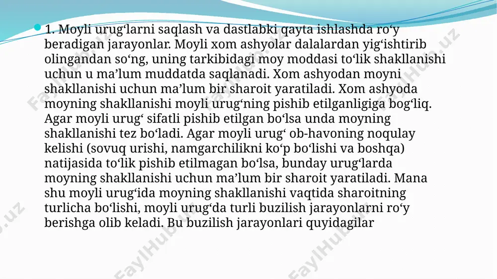 jihozlangan. bunday omborlar devori tosh, g‘isht va yog‘ochdan bo‘lib balandligi 3,2 m bo‘ladi, ularning sig‘imi, shakli turlicha bo‘ladi ular maksimal sig‘imining 70% ga xom ashyo sig‘imi mumkin. bunday omborlar oldiga urug‘larni tozalash va quritish inshootlari ham birgalikda qurilishi mumkin. bunday omborlarda xom ashyo vaqtincha yoki uzoq muddatda saqlanishi mumkin. bu tipdagi omborlarni kam xarajat sarf qilib mexanizasiyalashtirish imkoniyatlari mavjud. moyli urug‘ni uzoq muddatda saqlash uchun namligini kamaytirish uchun amalga oshiradigan quritish jarayoni xom ashyoni quritish deb aytiladi. moyli urug‘ni qayta ishlashda uning namligi bo‘yicha kondensiyalash uchun quritish, ishlab chiqarishdagi quritish deb aytiladi. quritish usullari asosan issiqlikni berilish usuliga ko‘ra quyidagilarga bo‘linadi: 1. konvektiv 2. konduktiv 3. kontaktli 4. radiasiyali 5. yuqori chastotali tok yordamida 6. sublimasiyali 7. aralash quritish jarayonining jadal borishini, quritilayotgan urug‘ning sifatini va undagi moyning sifatini belgilovchi asosiy ko‘rsatkichlar: quritish agentining harorati;jarayonining davom etish vaqti :urug‘ning qizdirishdagi maksimal harorat hisoblanadi bu ko‘rsatkichlar orqali quritish rejimi tanlanadi. moyli …
