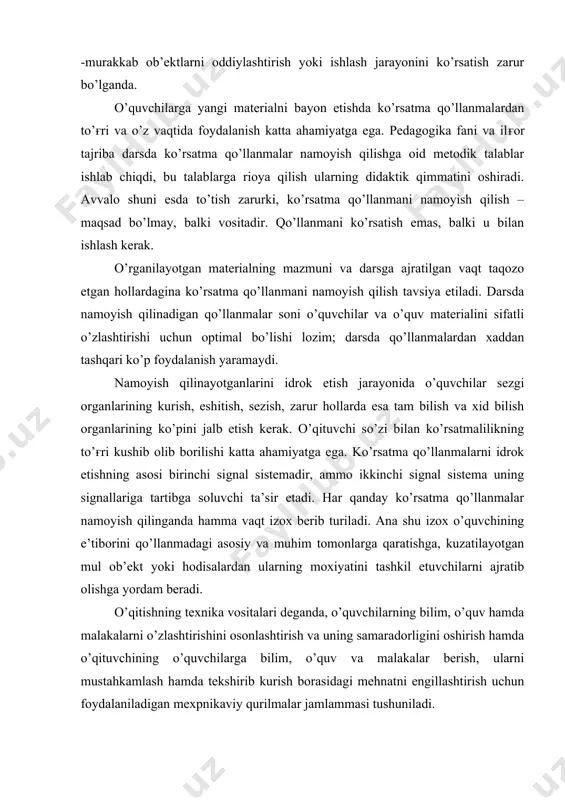 ishning texnika vositalari deganda, o’quvchilarning bilim, o’quv hamda malakalarni o’zlashtirishini osonlashtirish va uning samaradorligini oshirish hamda o’qituvchining o’quvchilarga bilim, o’quv va malakalar berish, ularni mustahkamlash hamda tekshirib kurish borasidagi mehnatni engillashtirish uchun foydalaniladigan mexpnikaviy qurilmalar jamlammasi tushuniladi. o’qitishning texnika vositalari jumlasiga axborot berishda foydalaniladigan texnika (kinoproektor va diaproektorlar, epidiaskop, filmoskop, magnitofon hamda televizion qurilmalar va shu kabilar)gina emas, balki tegishli texnika bilan birga foydalaniladigan uziga xos axborot eltuvchilarning uzi (kinofilmlar, diafilmlar, diapozitivlar, dasturlashtirilgan topshiriqlar tushirilgan teshik-teshik kartalar to’plami va shu kabilar) ham kiradi. o’qitishning texnika vositalarining imkoniyatlari, metodlari va ishlatilishi usullari sinchiqlab o’rganilgandagina o’quv jarayonida ulardan samarali foydalanish mumkin bo’ladi. har bir o’qituvchi bu vositalardan foydalanishni bilishi, bu sohada tegishli bilim, o’quv va malakalarga ega bo’lishi kerak. bilim yurtida o’qitishning texnika vositalaridan pedagogika jixatidan to’ғri foydalanish uchun tegishli sharoit yaratilishi zarur. ba’zi chet el pedagoglari o’quv jarayonida o’qitishning texnika vositalaridan keng kulamda foydalanish o’qituvchining mashina va uni boshqaruvchi muhandis bilan …