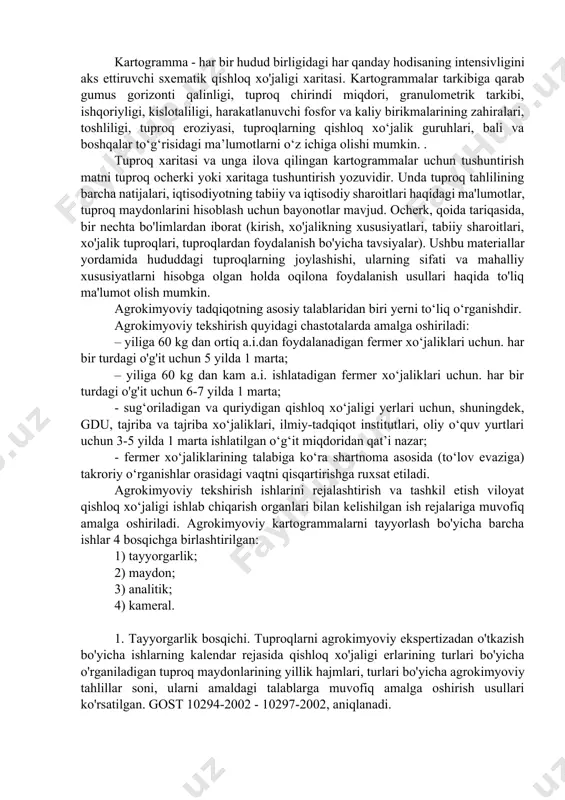 lishi kerak. xarita - yer yuzasining tekislikdagi kichraytirilgan tasviri. tuproq xaritasi - ma'lum bir hududning tuproq qoplamini tasvirlaydigan maxsus xarita. u tuproqlarning er yuzida tarqalishining vizual tasvirini beradi, ularning makonda paydo bo'lish xususiyatlarini ochib beradi. tuproq xaritasi kartogrammalar bilan to'ldiriladi. kartogramma - har bir hudud birligidagi har qanday hodisaning intensivligini aks ettiruvchi sxematik qishloq xo'jaligi xaritasi. kartogrammalar tarkibiga qarab gumus gorizonti qalinligi, tuproq chirindi miqdori, granulometrik tarkibi, ishqoriyligi, kislotaliligi, harakatlanuvchi fosfor va kaliy birikmalarining zahiralari, toshliligi, tuproq eroziyasi, tuproqlarning qishloq xo‘jalik guruhlari, bali va boshqalar to‘g‘risidagi ma’lumotlarni o‘z ichiga olishi mumkin. . tuproq xaritasi va unga ilova qilingan kartogrammalar uchun tushuntirish matni tuproq ocherki yoki xaritaga tushuntirish yozuvidir. unda tuproq tahlilining barcha natijalari, iqtisodiyotning tabiiy va iqtisodiy sharoitlari haqidagi ma'lumotlar, tuproq maydonlarini hisoblash uchun bayonotlar mavjud. ocherk, qoida tariqasida, bir nechta bo'limlardan iborat (kirish, xo'jalikning xususiyatlari, tabiiy sharoitlari, xo'jalik tuproqlari, tuproqlardan foydalanish bo'yicha tavsiyalar). ushbu materiallar yordamida hududdagi tuproqlarning joylashishi, …