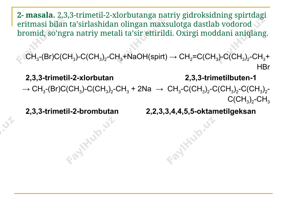 6) + (c2h4) = = 8 + 9 + 5,6 = 22,6 g aralashma ω% (c2h6) = 9/22,6 = 0,3982 yoki 39,82% 4- masala. nomalum alkenning 3,36 g massasi kaliy permanganatning suvli eritmasi bilan oksidlanganda 6,96 g massali cho`kma hosil bo`ldi. alkenni aniqlang. 3,36g 6,96g 3cnh2n + 2kmno4 + h2o = 3cnh2n(oh)2 + 2koh + 2mno2↓ 3x= 84 174 x=28. mr(cnh2n)=28: 12n + 2n = 14n: 14n=28: n=2: c2h4-etilen 5- masala. miqdor 0,1 mol bo`lgan nomalum organik modda kaliy permanganatning kislotali eritmasi bilan tasirlashishi natijasida 4,48 l (nsh) karbonat angirid 36,24 g mnso4, 20,88g k2so4 va suv hosil bo`ldi. unglevodorodni aniqlang. 0,1 mol 0,2 mol 0,12mol 0,24mol cnh2n + kmno4 + h2so4 = nco2 + k2so4 + mnso4 + h2o 1 n=2 n=2 c2h4-etilen -2 -2 +7 +4 +2 ch2=ch2 + kmno4 + h2so4 = co2 + k2so4 + mnso4 + h2o 2c-2 -12e- → 2c+4 5 mn+7 + 5e- …