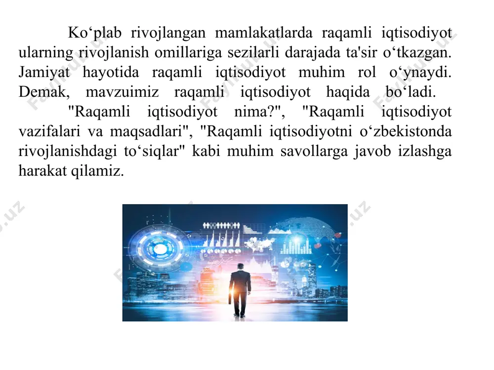 hanba kuni uyga qaytishda ozgina charchaganingizni sezdingiz, bundan tashqari dushanba kuni ishga borish kerak. shunda siz smartfoningizni olib darrov o‘zingizga va oila a'zolaringizga afrosiyob tezyurar poyezdlariga chipta olib, vokzalga borasiz va uyga yo‘l olasiz, mashina vokzalda qoldiriladi... raqamli iqtisodiyot - bu xo‘jalik faoliyatini yuritish bo‘lib, bunda ishlab chiqarish va xizmat ko‘rsatishdagi asosiy omil raqamlar ko‘rinshidagi ma'lumotlar bo‘lib, katta hajmdagi axborotlarni qayta ishlash va shu qayta ishlash natijasini analiz qilish yordamida har xil turdagi ishlab chiqarish, xizmat ko‘rsatish, texnologiyalar, qurilmalar, saqlash, mahsulotlarni yetkazib berishda oldingi tizimdan samaraliroq yechimlar tadbiq qilishdir. boshqacha qilib aytgancha, raqamli iqtisodiyot bu onlayn xizmatlar ko‘rsatish, elektron tulovlar amalga oshirish, internet savdo, kraudfanding(umumiy sarmoyadan foydalanish tizimi) va boshqa turdagi sohalarni raqamli kompyuter texnologiyalarini rivojlanishi bilan bog'langan faoliyatdir. asosan raqamli iqtisodiyotni rivojlanishining asosiy elementi sifatida elektron tijorat, internet banking, elektron tulovlar, internet reklama va shu bilan birga, internet o‘yinlari ko‘riladi. axborot texnologiyalarini rivojlanishi va tadbiq qilinishi evaziga kundalik hayotimizda …