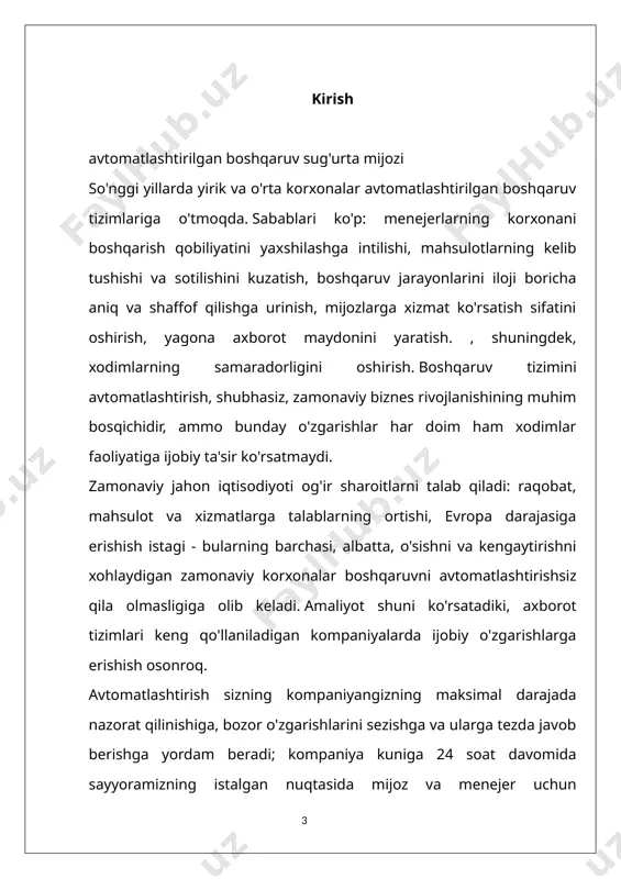 mida qayta ishlanishi kerak bo‘lgan axborotlar hajmining ortishi bilan bog‘liq holda avtomatlashtirilgan boshqaruv tizimlarini keng joriy etish ob’ektiv zaruratdir. ushbu diplom loyihasining maqsadi mijozlarga tibbiy sug‘urta masalalari bo‘yicha ko‘rsatilayotgan maslahat xizmatlarini hisobga olish tizimini joriy etishdan iborat. 1. korxonani boshqarish tizimini diagnostik tahlil qilish boshqaruv tizimini diagnostik tahlil qilish metodologiyasi boshqaruv tizimini ratsionalizatsiya qilish bo'yicha korxona menejerlari va menejerlari faoliyatini oqilona tashkil etishga asoslanadi. u tadqiqotning maqsadlarini, predmetini, tadqiqot chegaralarini, tadqiqot vositalari va usullarini, tadqiqot ishining vositalari (resurslari) va bosqichlarini tanlashni o'z ichiga oladi. boshqaruv tizimlari bo'yicha tadqiqotlarni metodologiyasi va tashkil etish bir qator tizim xususiyatlarini hisobga olishni talab qiladi, ular quyidagilardan iborat: tadqiqotga bo'lgan ehtiyoj; tadqiqot ob'ekti va predmeti; tadqiqot resurslari; tadqiqot samaradorligi; tadqiqot natijalari. keling, ushbu xususiyatlarni ochib beraylik. 1. tadqiqotga bo'lgan ehtiyoj tizim xususiyatlari bo'yicha tadqiqotlarning ko'lami va chuqurligini belgilaydi, ularning amalga oshirilishi maqsadlarga erishishga eng katta ta'sir ko'rsatadi. 2. tadqiqot ob'ekti - muayyan tashkilotning boshqaruv tizimi. …