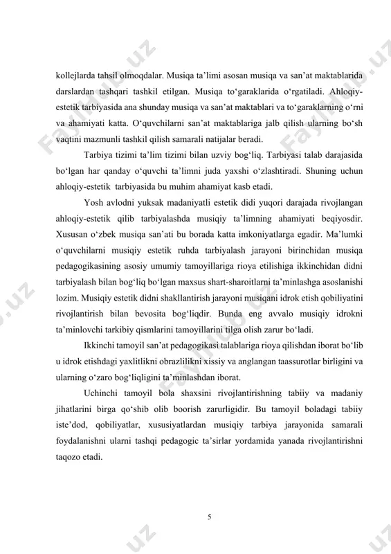 mlarini rivojlantirish musiqaga bo‘lgan xissiy ongli va ta’sirchan amaliy munosabatni shakllantirish vasifasini hal etishga qaratiladi. mazkur jarayon yaqqol ifodalangan xissiy aniq-obrazli idrok etishdan yanada ko‘proq anglab etilgan idrok etish bosqichiga o‘tishni o‘z ichiga oladi. albatta musiqiy estetik didni shallantrish jarayoni musiqiy idrok etishning umumiy qonuniyatlari bilan bog‘liqdir, lekin ayni paytda uning faqat o‘zigagina xos bo‘lgan xususiyatlarga ham egadir. musiqiy estetik didni shakllantirish jarayoni ongli faol munosabat mavjud bo‘lishi nazarda tutadi. bu munosabat idrok etish jarayonini alohida (individual) estetik baho berish darajasigacha ko‘tarilishi lozim. shuning uchun ham kichik yoshdagi o‘quvchilarning musiqiy estetik didini shakllantirishga bevosita bog‘liq bo‘lgan musiqa mashg‘ulotlarida bolalarning bilish, his qilish faoliyatini kuchaytirish kerakki u umumiy va maxsus qobiliyatlarini rivojlantirishga va pedagogik ta’sir ko‘rsatishni tashkil etish bosqichlariga bo‘linadi. pedagogik ta’sir ko‘rsatishni tashkil etish bosqichiga musiqiy taassurotlarning to‘planishi; o‘quvchilarga turli xissiy holatlarni boshdan kechirishga imkon berish; xissiy musiqiy tasavvurlarga qaytilishi; «tinglab tushunish» yoki «ijro etib-tushunish» tajribasini boshqa asarlarga ham tatbiq …