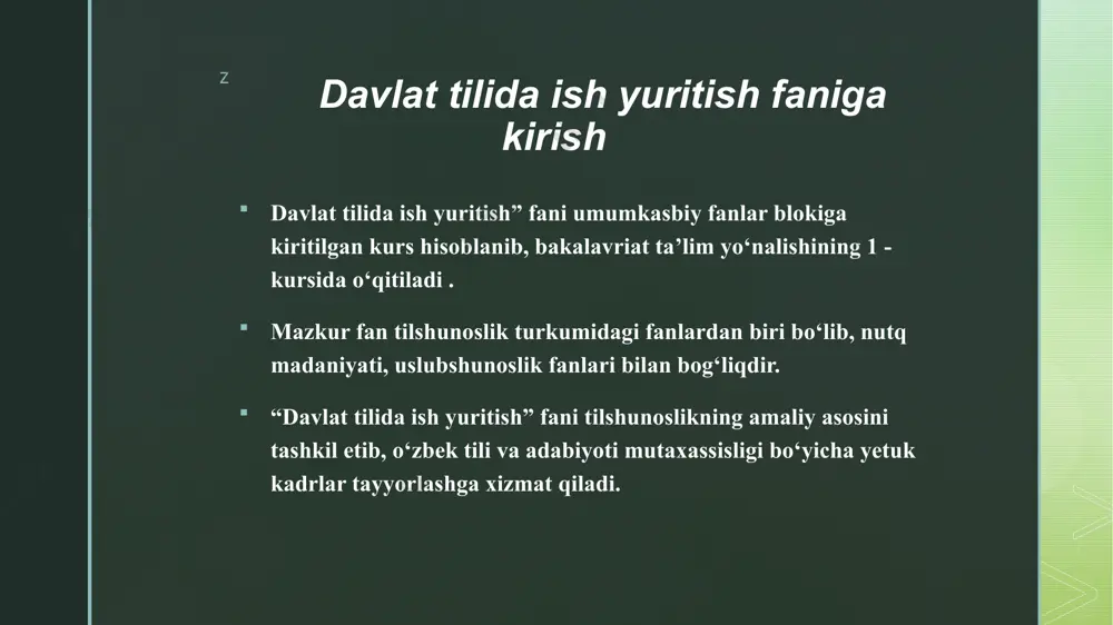 k, yorliq raqam qilingan sana va joy ko’rsatilgan. xix asrda qo’qon xonligidagi keng tarqalgan hujjatlardan biri “patta”lardir. pattada ma’lum kishiga muayyan miqdordagi pul, mahsulot, don yoki boshqa narsalarni berish lozimligi haqidagi ma’lumot aks ettirilgan. patta matnlarida ham o’ziga xos doimiy tarkib va muayyan nutqiy qolip turg’unlashgan. umuman, o’tmish hujjatlaridagi muayyan turg’un tarkib va nutqiy qolip o’zbek (turkiy) hujjatchiligi uzoq tarixiy tajriba va tadrijiy takomil mahsuli ekanligining dalilidir. z o’zbekistonda hujjatchilik o’zbekiston respublikasida ham hujjatlarni rivojlanishiga yetarli e’tibor berilmoqda. o’zbekiston jumhuriyatining inqilobiy qo’mitasi 1924 yilning 31 dekabrida 48-raqamli muhim bir qaror qabul qildi. bu qarorning nomi quyidagicha ifodalangan: “ishlarni o’zbek tilida yurgizish ham o’zbekiston jumhuriyatining inqilobiy qo’mitasi huzurida markaziy erlashtirish hay’ati va mahallalarida muzofot erlashtirish hay’atlari tuzilish(i) to’g’risida”. ushbu qaror, unda ta’kidlanishicha, sho’ro idoralarining ishlarini mahaliy xalqqa yaqinlashtirish va ishchi-dehqonlarni sho’ro tuzilish ishiga aralashtirish maqsadi bilan qabul qilingan. z o’zbekistonda hujjatchilik bu qarorni joriy qilish yuzasidan, tabiiyki, muayyan ishlar amalga oshirila …