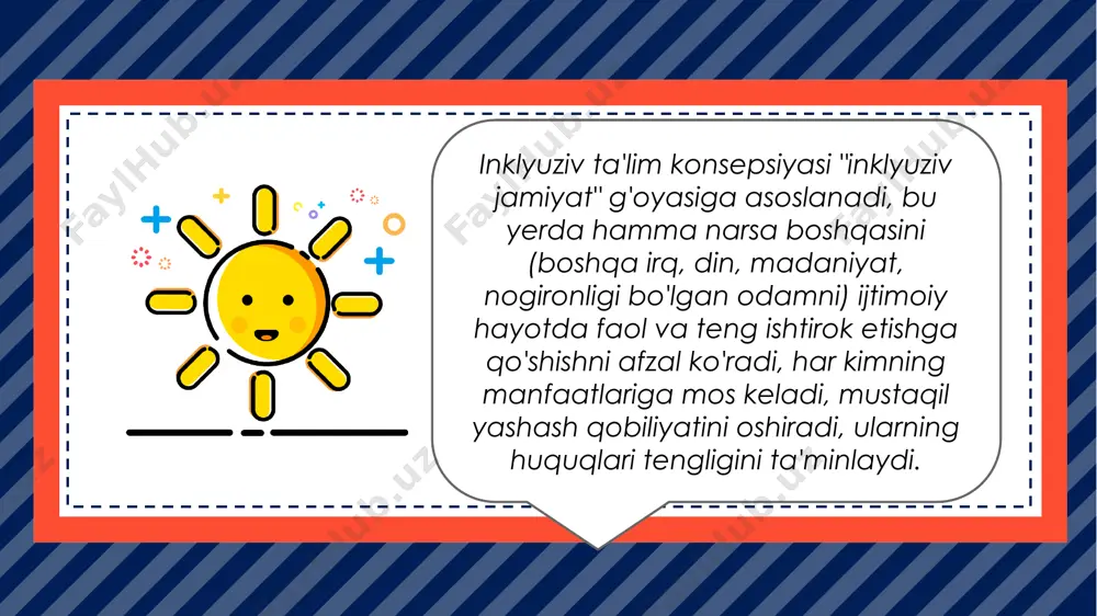 tirishning mintaqaviy modellari bir-biridan 5 ta asosiy omil bo'yicha farq qiladi: 1) ta'lim organlari va ilmiy hamjamiyatning pozitsiyasi 2) psixologik va pedagogik qo'llab-quvvatlash xizmatlarini rivojlantirish; 3) jamoat tashkilotlari faoliyati; 4) tayyorlangan pedagog kadrlarning mavjudligi; 5) ta'lim xizmatlarini moliyalashtirish imkoniyatlari. enter title enter subtitle click here to add content of the text，and briefly explain your point of view. enter subtitle click here to add content of the text，and briefly explain your point of view. click here to add content of the text，and briefly explain your point of view. click here to add content of the text，and briefly explain your point of view. inklyuziv jarayonlarning rivojlanishi fonida ota-onalarning maktab bilan o'zaro munosabatlaridagi roli o'zgarib bormoqda. umuman olganda, rossiyaning inklyuziv ta'lim amaliyoti, mavjud mintaqaviy farqlarga qaramay, hozirgi vaqtda bir qator umumiy cheklovlar va muammolarga ega. nogiron bolalarning inklyuziv ta'limi normativ-huquqiy hujjatlar bilan tartibga solinmaydi, bunday bolalarni ommaviy maktabda o'qitish uchun maxsus ta'lim sharoitlarini …