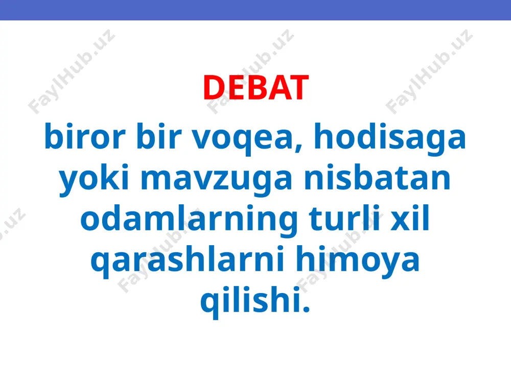 … argument 2 … … xulosa chiqarib, o`z nutqini quyidagi so`zlar bilan tamomlaydi: “chappa-rosta savollarga javob berishga tayyorman”. i 3 ning savollariga javob berib, o`zi i 2 ga savol beradi. (barcha argumentlarni faqat t1 taqdim etadi) i 1 – 6 daqiqa hamma bilan salomlashadi va o`z jamoasini taqdim etadi. debatning mavzusini e’lon qilib, uni inkor etadi va tarafining ahamiyatini ochib beradi. agar t-jamoasining tushunchalarining ta’riflari ma’qul kelmasa, o`z tushunchalarini taqdim etadi. t jamoaning kriteriysini qabul qiladi yoki o`z kriteriysini taqdim etadi. t jamoasining hamma argumentlarini birma-bir inkor etadi. o`z argumentlarini taqdim etadi: argument 1… argument 2… … xulosa chiqarib, o`z nutqini quyidagi so`zlar bilan tamomlaydi: “chappa-rosta savollarga javob berishga tayyorman”. t 3 ning savollariga javob berib, t 2 ga savol beradi. (barcha argumentlarni va qarama-qarshi argumentlarni i 1 taqdim etadi) t 2– 5 daqiqa hamma bilan salomlashadi. “rebuttal” qilib, o`z nuqtai nazarini tiklaydi. o`z argumentlarini yangi dalillar bilan mustahkamlaydi. (yangi …
