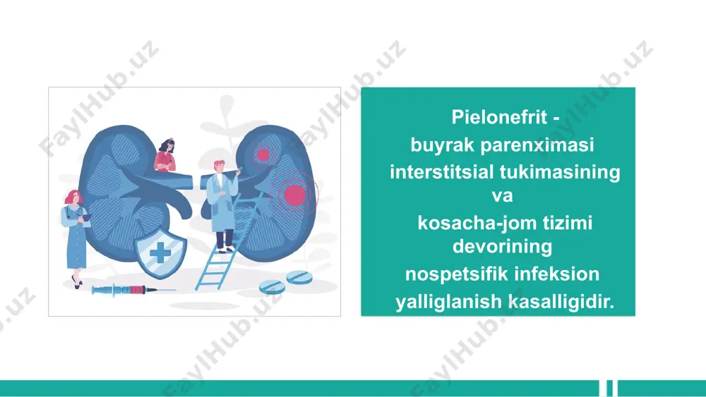 tur va funksional o'zgarishlar bulgan xollarda buyragida o'tkir bakterial infeksiya kuzatilayotgan bemorlarda qo'llaniladi. bu xolat antibakterial terapiya samaradorligini kamaytiradi. pielonefritning boshqa turlari xomiladorlik davri pielonefriti; qandli diabeti bo'lganlar pielonefriti; bolalardagi pielonefrit; qariyalar pielonefriti. o'tkir pielonefritning umumiy simptomlari : qaltirash; • tana xaroratining ko'tarishi; • umumiy xolsizlik; • tez charchab qolish; • terlash; • intoksikatsiyaning boshqa simptomlari. o'tkir pielonefritning maxalliy simptomlari: bel soxasidagi og'rik; buyrakni paypaslaganda og'rik; “tukullatish” simptomining musbatligi; skolioz; zararlanish tarafida mushaklarning taranglashishi; dizuriya. o'tkir pielonefritda simptomlar triadasi: • tana xaroratining yukoriligi (gektik xarakterda); • bel soxasidagi og'riq; • siydikdagi xarakterli o'zgarishlar (piuriya va bakteriuriya). pielonefritni tashxislash • anamnez. • siydikda «indikator-qogoz» yordamida piuriya va gematuriyaning mavjudligini aniklash. • siydikni bakteriologik ekish va qo'zgatuvchilarning antibiotiklarga sezuvchanligini aniklash. • yuqori siydik yo'llari ultrasonografiyasi. • umumiy urografiya - ko'rsatmalar bo'lganida. • davolash fonida 72 soat davomida tana harorati yuqoriligicha qolaversa, bu holda asoratlovchi omillarni aniqlash maqsadida quyidagi tekshiruvlar o'tkaziladi: • - …