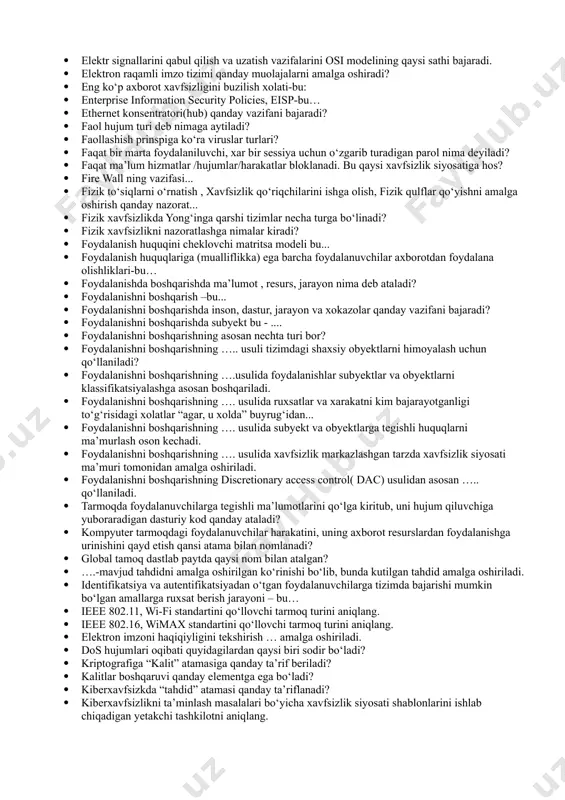 bilan sinonim sifatida ham foydalanadi? · “inson xavfsizligi” bilim sohasi - bu … · “tashkil etuvchilar xavfsizligi” - bu … · “tashkilot xavfsizligi” bilim sohasi - bu … · …. protokolidan odatda o‘yin va video ilovalar tomonidan keng foydalaniladi. · ….. protokoli ulanishga asoslangan protokol bo‘lib, internet orqali ma’lumotlarni almashinuvchi turli ilovalar uchun tarmoq ulanishlarini... · access control list va capability list bu nimaning asosiy elementi hisoblanadi? · “adware” zararli dastur xususiyati nimadan iborat? · agar foydalanuvchi tizimda ma'lumot bilan ishlash vaqtida ham zahiralash amalga oshirilishi …. deb ataladi? · qaysi zaxiralash usuli offlayn zaxiralash deb ham atalib, tizim ishlamay turganida yoki foydalanuvchi tomonidan boshqarilmagan... · qaysi zaxiralashda tizim muntazam yangilanishni amalga oshirish uchun tarmoqqa bog‘lanishi kerak bo‘ladi? · agar rsa algotirmida e-ochiq kalitni, d-maxfiy kalitni, n-modul ifodalasa, qaysi formula deshifrlashni ifodalaydi? · agar rsa algotirmida e-ochiq kalitni, d-maxfiy kalitni, n-modul , qaysi formula shifrlashni ifodalaydi? · aksariyat tijorat tashkilotlari …