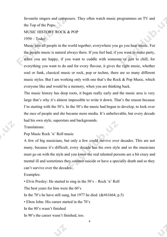 n the 70’s he have still sung, but 1977 he died. ( p.5) • elton john: his career started in the 70’s in the 80’s wasn’t finished in 90’s the career wasn’t finished, too. and now he is even in the business • michael jackson: his career started in the 70’s together with his brothers, the 80’s were the most successful years for him in the 90’s he changed a little bit his style, but he was still successful.and now in the new millennium he tries his luck again. • madonna: her career started in the 80’s very successful, in the 90’s the career have been still successful and now in the new millennium she’s still successful, example: “hung up” important points of every decade: the birth of rock ‚n’ roll black & white rock & soul later flower power discover of big bands glam- and punk rock disco music …