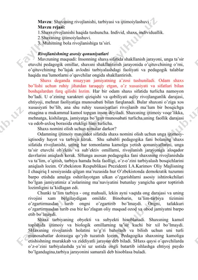 shaxsning rivojlanishi, tarbiyasi va ijtimoiylashuvi — DOCX