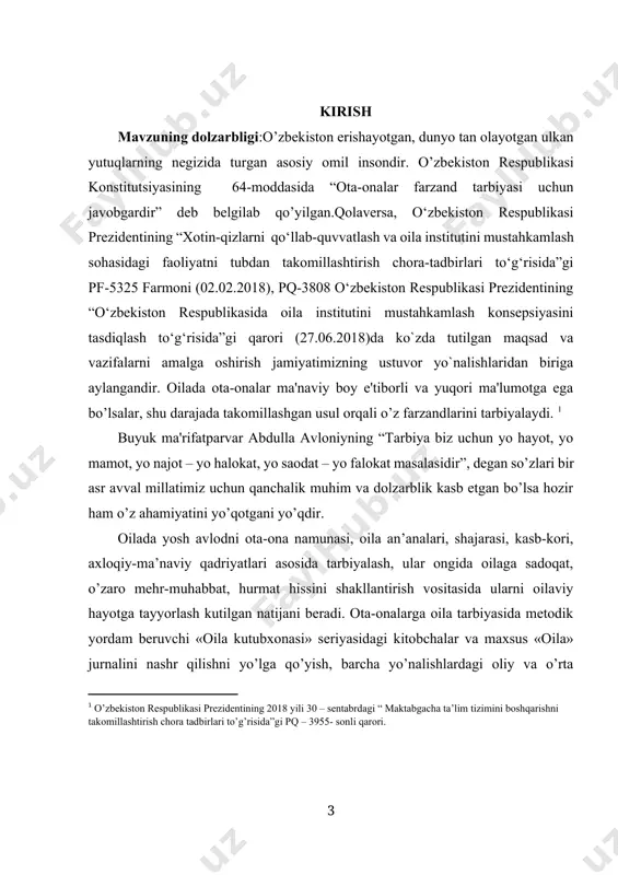 takomillashtirish chora tadbirlari to’g’risida”gi pq – 3955- sonli qarori.] buyuk ma'rifatparvar abdulla avloniyning “tarbiya biz uchun yo hayot, yo mamot, yo najot – yo halokat, yo saodat – yo falokat masalasidir”, dеgan so’zlari bir asr avval millatimiz uchun qanchalik muhim va dolzarblik kasb etgan bo’lsa hozir ham o’z ahamiyatini yo’qotgani yo’qdir. oilada yosh avlodni ota-ona namunasi, oila an’analari, shajarasi, kasb-kori, axloqiy-ma’naviy qadriyatlari asosida tarbiyalash, ular ongida oilaga sadoqat, o’zaro mehr-muhabbat, hurmat hissini shakllantirish vositasida ularni oilaviy hayotga tayyorlash kutilgan natijani beradi. ota-onalarga oila tarbiyasida metodik yordam beruvchi «oila kutubxonasi» seriyasidagi kitobchalar va maxsus «oila» jurnalini nashr qilishni yo’lga qo’yish, barcha yo’nalishlardagi oliy va o’rta maxsus ta’lim muassasalariga «oila psixologiyasi va pedagogikasi» kursini joriy etish oilani namunali tarbiya maskaniga aylantirish vositasidir. buning uchun ota-onalarni tarbiya jarayoniga tayyorlash maqsadida ota-onalar universitetlari ishini tiklash va takomillashtirish, umumta’lim maktablari, oliy va o’rta maxsus ta’lim mazmuniga «yoshlarni oilaviy hayotga tayyorlash» kursini kiritish va amalda qo’llash …