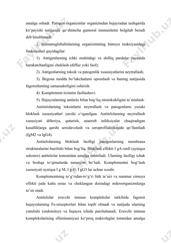 shunday qilib adaptiv immunitetning hujayra omillari kabi antitelolar ham o‘zining himoya ta’sirini tug‘ma immunitet omillari fagotsitlar, tabiiy killerlar, komplement komponentli oqsilli antigenlarning immunologik maxsusligi quyidagilar bilan belgilanadi: a) aminokislotalar tarkibi va ularning birligi polipeptid zanjirdagi ketma-ketligi bilan b) zanjirning chetida joylashgan aminokislotalar bilan; d) oqsil molekulasining ikkilamchi extimolki uchlamchi strukturasi bilan; g) yuza joylashgan kimyoviy guruhlar antigen determinantlari bilan. bular antigenlarning immunologik mahsusligi aniqlashda eng muhim rol o‘ynaydi. 3. immunitet maxsusligi antitelolar tomonidan belgilanadi. difteriya bilan kasallanib sog‘aygan odam bu kasallik bilan chalinmaydi. shu insonning zardobi bolalarga yuborilsa ularda maxsus qo‘zg‘atuvchi va uning toksinlarga qarshi maxsus yuqturmaslik - kasallikka chalinmaslik holati yuzaga keladi. bunga passiv immunitet deyiladi. bunday immunitetning davomiyligi uzoq emas (2-4 xafta) bo‘lib qonda yuborilgan antitelolarning sirkulyatsiya davriga teng bo‘ladi. antitelolarning maxsusligi laboratoriyada ham namoyon bo‘ladi. biror mikrobga qarshi olingan zardobdan antitelolar ko‘p hollarda aynan shu mikroblar bilan ta’sirlanadi. antigen molekulalari biror bir antigenga qarshi yuqori maxsuslikka ega …