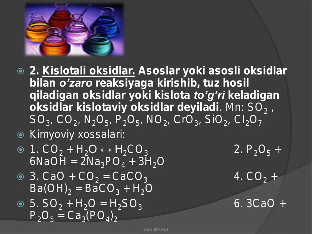 tuzi; na2co3 – sodda,  k2co3 – potash; kno3 – kaliyli selitra. www.arxiv.uz  2.nordon tuzlar. kislota tarkibidagi h2 atomlarining bir qismi metallga almashinganda hosil bo’lgan tuz nordon (gidro) tuz deyiladi.  nomlanishi. nahso4 – natriy bisulfat (yoki natriy gidrosulfat);  nahco3 – natriy bikarbonat (yoki natriy gidrokarbonat);  nah2po4 – natriy digidrofasfat;  ca(h2po4)2 – kalsiy digidrofasfas;,  ai2(hpo4)3 – alyuminiy gidrofosfat  nordon tuz suvli eritmaldarida quyidagicha dissosiyalanadi:  nahso4↔na++hso4 -; hso4 - ↔ h+ + so4 -2 www.arxiv.uz  оlinishi:  1. kislotalarga oz miqdorda asos ta’sir etirib: h2so4 + koh = khso4 + h2o  2. normal tuzlarga kislotalar ta’sir etirib:  ca3(po4)2 + h3po4 = 3cahpo4 ca3(po4)2 + h3po4 = ca(h2po4)2  3. ishqorlarga kislotali oksidlar mo’l miqdorida ta’sir etirib:  ba(oh)2 + 2co2 = ba(hco3)2  4. tuzlar gidrolizga uchraganda: k2co3 + h2o = khco3 + koh  3. gidroksid tuzlar. tarkibida metall atomi …