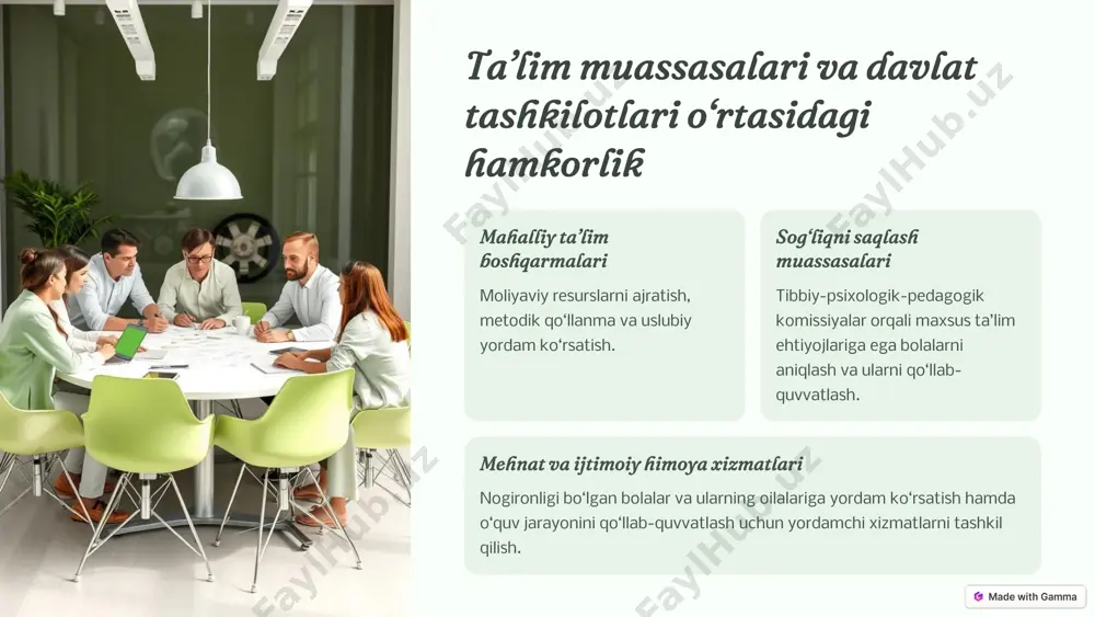 ni tegishli ta’lim muassasalariga yo‘naltirish. 2 “g‘amxo‘rlik” guruhlari og‘ir darajadagi sog‘lig‘ida nuqsoni bor bolalarni qisqa muddatga parvarishlash va ta’lim-tarbiya berish. 3 bolalar reabilitatsiyasi bo‘limlari nogironligi bo‘lgan bolalarga individual reabilitatsiya dasturlarini ishlab chiqish va ularning sog‘ligini tiklash. https://gamma.app/?utm_source=made-with-gamma preencoded.png kelajakdagi rejalar o‘zbekiston respublikasi alohida ta’lim ehtiyojlari bo‘lgan bolalarni qo‘llab-quvvatlash va ularning jamiyatga moslashishini ta’minlash bo‘yicha sa’y-harakatlarini davom ettiradi. https://gamma.app/?utm_source=made-with-gamma preencoded.png inklyuziv ta’limning mohiyati teng huquqlar barcha bolalarning ta’lim olish huquqini ta’minlashga qaratilgan. individuallashtirilgan yondashuv har bir bolaga o‘ziga xos ehtiyojlarini qondiradigan ta’lim berish. https://gamma.app/?utm_source=made-with-gamma preencoded.png inklyuziv ta’limning afzalliklari 1 ijtimoiy integratsiya alohida e’tiborga muhtoj bolalar jamiyatga moslashish imkoniyatiga ega bo‘ladilar. 2 hurmat va qabul qilish sog‘lom bolalar turli xil imkoniyatlarga ega bo‘lgan bolalarni qabul qilishni o‘rganadilar. https://gamma.app/?utm_source=made-with-gamma preencoded.png inklyuziv ta’limga qamrab olinuvchi bolalar eshitishda nuqsoni bo‘lgan bolalar eshitish qobiliyatining yo‘qotilishi 60 db gacha bo‘lgan bolalar. ko‘rishda nuqsoni bo‘lgan bolalar ko‘rish qobiliyatining buzilishi 0,1 gacha bo‘lgan bolalar. somatik kasalliklar psixofizik va nutqning …
