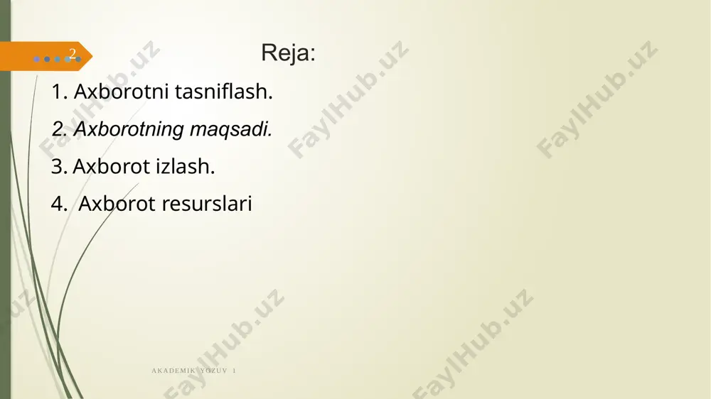 lantirish (topmoqchi bo‘lgan ma’lumotlarni); zarur ma’lumotlarning manbalarini topish; kerakli materiallarni tanlash; olingan bilimlar bilan tanishib chiqish va bajarilgan ishni baholash. akademik yozuv 1 8 axborot mazmun va tasavvur qilish shakliga ega akademik yozuv 1 9 axborotda eng asosiysi – bu uning ma’nosi, mazmuni. axborotning mazmuni qanday maqsadlar uchun va qanday yo‘l bilan axborot qo‘llanilishini aniqlab beradi. axborot olgan kishi mazmuniga qarab yangiligi, mazmundorligi, qisqaligi, tushunarliligi, o‘zgaruvchanligi kabi axborot xususiyatlariga baho beradi. axborotning har bir xususiyatini baholash mumkin. agar axborotning o‘zgaruvchanlik xususiyati haqida gapiradigan bo‘lsak, axborot turg‘un (doimiy, o‘zgarmas) va dinamik (o‘zgaruvchan) bo‘lishi mumkin. agar axborot kimningdir fikri yoki mulohazasiga bog‘liq bo‘lmasa, bu axborot ob’ektiv hisoblanadi. ob’ektiv axborotni, masalan, to‘g‘ri ishlaydigan o‘lchov asboblaridan olish mumkin. “avtomobil” katta tezlikda harakatlanayotgan edi» kabi xabar sub’ektiv axborotga ega. “avtomobil 100 km/s tezlik bilan harakatlanayotgan edi” kabi xabar to‘g‘ri ishlaydigan spidometrda o‘lchansa, ob’ektiv axborot bo‘ladi. akademik yozuv 1 axborot nafaqat inson hayotida, balki butun insoniyat …