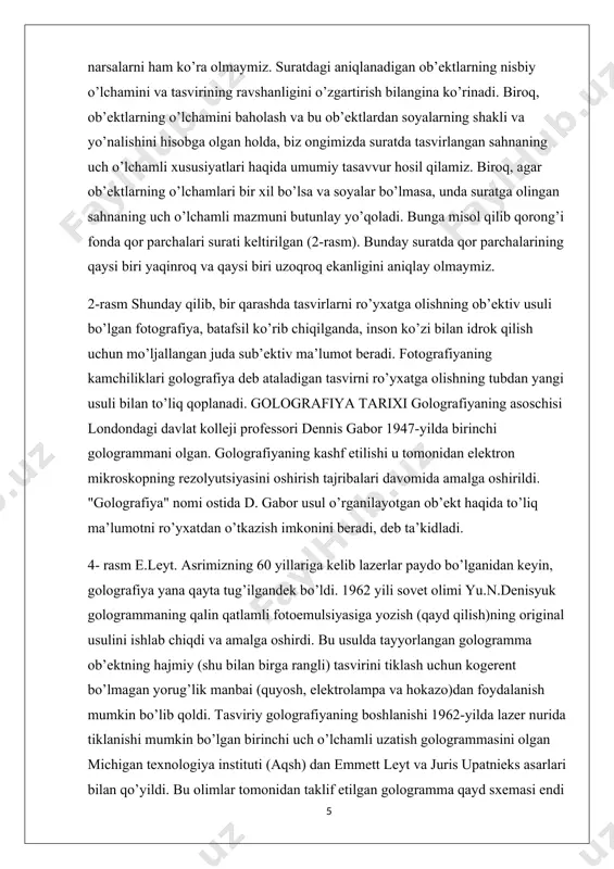 ay qilib, leyt-upatnieks va denisyuk tajribalari hozirgi zamon golografiyasining asosi bo’lib, golografiya fizikaning alohida bir sohasi sifatida rivojlana bordi. shu bilan birga golografiya fan va texnikaning turli sohalariga tez tadbiq qilina boshladi. ma'lum bo'lishicha, xiggs bozonlarining mavjudligini tasdiqlash bizni o'zimizga dunyoning tabiati va uning qanday yaratilganligi haqida muhim savollar berishga majbur qiladi. to'satdan ma'lum bo'lishi mumkinki, matritsa tushunchalari unchalik fantastik emas va biz hammamiz katta gologrammada yashaymiz va biz o'zimiz gologramamiz. bunday xulosalarni kvant fizikasining rivojlanishi tufayli olingan ma'lumotlardan chiqarish mumkin. biz aniq bilamizki, nima bo'lishini belgilovchi asosiy qoida bu ehtimollikdir. bundan tashqari, biz ba'zi jismoniy tajribalar shunchaki imkonsiz ekanligini bilamiz, chunki ularning ta'sirini kuzatish haqiqati ularda nima sodir bo'lishini aniqlaydi. eynshteyn bunday fikrlashning oqibatlarini tushunib, dunyo zar o'ynagan xudoga bog'liq bo'lmasligini aytdi. agar biz haqiqatan ham katta gologrammada yashayotgan bo'lsak va u bilan o'zaro munosabatlarimiz, umidlarimiz va qo'rquvlarimiz ifodalari u bilan o'zaro ta'sirlanib, bizni turli narsalarni boshdan kechirishga sabab …
