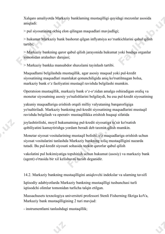 ekiston respublikasining markaziy banki to'gvisidagi qonunda “markaziy bank o‘z vakolatlari doirasida qarorlar qabul qilish borasida mustaqildir. davlat markaziy bankning majburiyatlari yuzasidan, markaziy bank esa davlatning majburiyatlari yuzasidan javobgar bolmaydi, basharti, ular o‘z zimmalariga bunday majbu- riyatlami olmagan bolsalar yoki qonunlarda boshqa qoida nazarda tutilmagan bolsa”74, deya belgilab qo'yilgan. xalqaro amaliyotda markaziy banklaming mustaqilligi quyidagi mezonlar asosida aniqladi: > pul siyosatining ochiq elon qilingan maqsadlari mavjudligi; > hukumat markaziy bank bashorat qilgan inflyatsiya ко‘rsatkichlarini qabul qilish tartibi; > markaziy bankning qaror qabul qilish jarayonida hukumat yoki boshqa organlar tomonidan aralashuv darajasi; > markaziy bankka mansabdor shaxslami tayinlash tartibi. maqsadlami belgilashda mustaqillik, agar asosiy maqsad yoki pul-kredit siyosatining maqsadlari mamlakat qonunchiligida aniq ko'rsatilmagan bolsa, markaziy bank o‘z faoliyatini mustaqil ravishda belgilashi mumkin. operatsion mustaqillik, markaziy bank o‘z-o‘zidan amalga oshiradigan oraliq va monetar siyosatning asosiy yo'nalishlarini belgilaydi, bu esa pul-kredit siyosatining yakuniy maqsadlariga erishish orqali milliy valyutaning barqarorligiga yo'naltiriladi. markaziy bankning pul-kredit siyosatining …