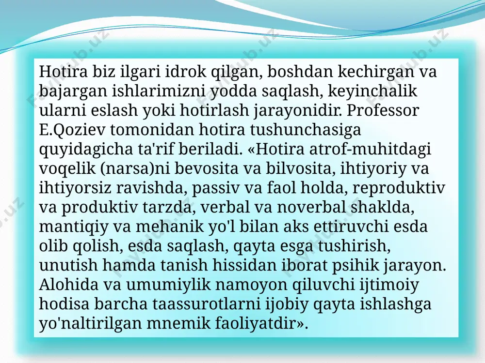 g’lanishlarni psihologlar assotsiatsiyalar deb ataydilar». o’tkazilgan tekshirishlarga ko’ra, biror narsa esda olib qolinganda, asosan nerv hujayralarining (neyronlarning) dendrit shoxlari tarkibida o’zgarish yuzaga keladi. ular qandaydir boshqacharoq tuzilishga kirib oladilar. dendritlar tuzilishidagi hosil bo’lgan o’zgarish darrov o’tib ketadigan bo’lmay, ancha mustahkam bo’ladi. shu sababli esda olib qolgan narsa uzoq vaqt xotirada saqlanib turadi.[2] [2] psychology david g. myers hope college holland, michigan 134р 5 inson hotirasidagi assotsiatsiyalar 3 turga ajratiladi: yondoshlik assotsiatsiyasi- bir necha narsa yoki hodisalarni ayni bir vaqtda yoki ketma-ket idrok qilishdan hosil bo'ladi o'hshashlik assotsiatsiyasi- hozirgi paytda idrok qilinayotgan narsa bilan ilgari idrok qilingan narsa o'rtasida ma'lum o'hshashlikka aytiladi qarama-qarshilik assotsiatsiyasi- hozirgi idrok qilinayotgan narsalar bilan ilgari idrok qilinayotgan narsalar o`rtasida qarama-qarshi belgilar va hususiyatlar bo’ganga aytiladi a.v.petrovskiy tahriri ostida chiqqan «umumiy psihologiya» darsligida quyidagicha klassifikatsiya uchraydi: faoliyatda ko'proq sezilib turadigan psihik faollikning hususiyatiga qarab: harakat, emotsional, obrazli va so`z mantiq hotira. faoliyatning maqsadlariga ko'ra: ihtiyorsiz va ihtiyoriy …