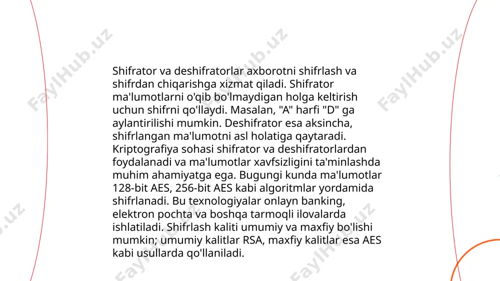 ar bir tomon o‘zining maxfiy sonini (a va b) tanlaydi, bu orqali kerakli maxfiy kalitni hosil qiladi. ... t.me/slaydai_bot elektron imzo (e-imzo) — bu elektron hujjatlarni tasdiqlash uchun ishlatiladigan raqamli vosita. oʻzbekiston respublikasi “elektron raqamli imzo toʻgʻrisida” gi qonunga asosan joriy etilgan. e-imzo orqali hujjatlar maxfiyligini va ularning haqiqiyligini ta'minlash mumkin. 2020 yilda o'zbekistonda elektron imzo xizmatlaridan foydalanuvchilar soni 300 mingdan oshgan. elektron imzo orsida xalqaro va davlat muassasalari bilan rasmiy muloqotlar amalga oshirish imkoniyati mavjud. e-imzo dasturi orqali foydalanuvchilar oʻz imzolarini onlayn registratsiya qilishlari va sertifikatlarini yangilash imkoniyatiga ega. ... t.me/slaydai_bot 10. hash funksiyalari hash funksiyalari ma'lumotlarni raqamli iz bilan ifodalovchi algoritmlar bo‘lib, ma'lumotlarning butunligini ta'minlashda muhim ahamiyatga ega. ular matn, fayl yoki boshqa turdagi ma'lumotlarni o‘zgaruvchan uzunlikdagi kirishdan sobit uzunlikli raqamga aylantiradi. md5, sha-1 va sha-256 kabi mashhur hash algoritmlari mavjud. masalan, md5 128-bitli, sha-1 160-bitli va sha-256 256-bitli hash qiymatlarini yaratadi. hash funksiyalari tez va samarali bo‘lishi …