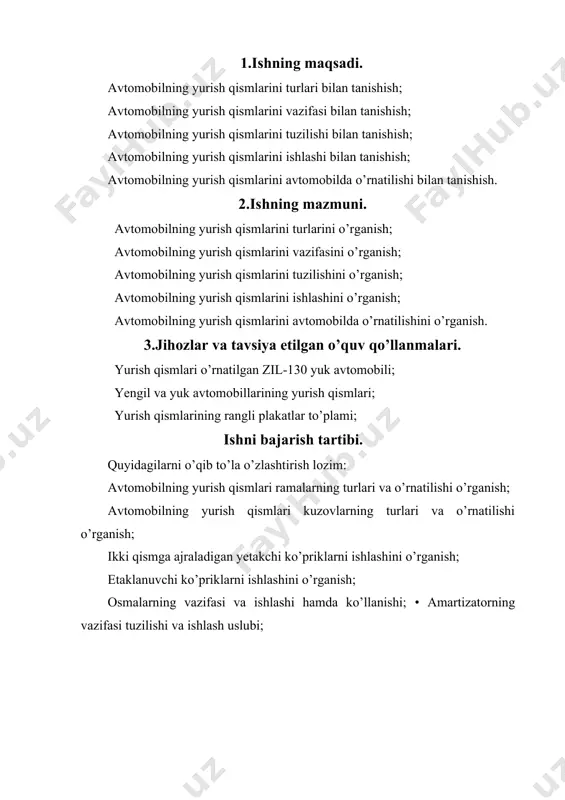 ishi va ishlashi haqida qisqacha ma`lumot yozing; yurish mehanizmlaridan rama konstruktsiyasining turlari (6.1-rasm), avtomobil osmasining tasviriy chizmalarini (6.2-rasm) chizing, qismlarining nomlarini yozing; yurish mehanizmlaridan osmaning asosiy turlari (6.3-rasm) hamda pnevmatik, gidropnevmatik osmalarni chizmalarini chizing, qismlarining nomlarini yozing; 5.5. ko’ndalang turg’unlik stabilizatorining vazifasi, tuzilishi va ishlashi haqida ma`lumot yozing; 5.6. yurish mexanizmlarining asosiy ko’rsatkichlarini 6.1-jadvalga to’ldiring; yurish qismlarini asosiy texnikaviy ko’rsatkichlari. 6.1-jadval № ko’rsatkichlar avtomobilning asosiy texnikaviy ko’rsatkichlari engil avtomobil yuk avtomobil avtobus maxsus avtombil bortli o’zi ag’dargichli avtomobil rusumi rama turlari kuzov bo’linmalar soni osmalar turlari amartizatorlar turlari 6.1-rasm. rama konstruktsiyasining turlari. 6.2-rasm. avtomobil osmasini tasviriy chizmasi. 6.3-rasm. pnevmatik va gidropnevmatik osmasining tasviriy chizmasi. foydalaniladigan adabiyotlar: 1. a.muxitdinov va boshqalar. avtomobillar. konstruktsiyasi asoslari. “istiqilol nuri” nashriyoti. t.:2015yu 332 bet. 2. a.muxitdinov, b.sattivaldiev, sh.xakimov “transport vositalarining tuzilishi” (dsign of vehicles) “ta’lim nashriyoti” toshkent-2014 y 158 b. 3. fayzullayev e.z. transport vositalari tuzilishi va nazariyasi. darslik. 1-qism. t.: “yangi asr avlodi”, 2006. …