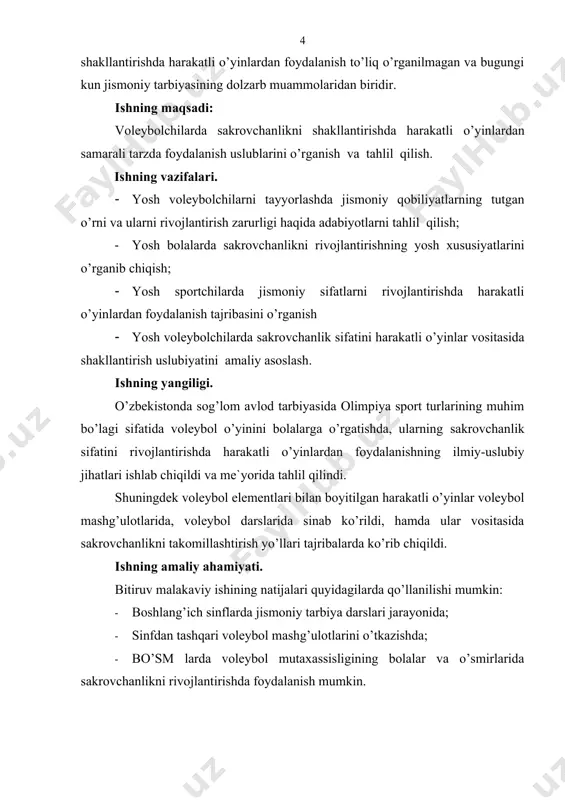 kin, uning bolaligida shu sifatlar qanday darajada shakllanishi, oddiy yoki murakkab harakatlarni o’zlashtirib olishi nafaqat uni o’sib yashab kelayotgan muhitiga bog’liq, balki bolaning muayyan sifatini qanday vositalar yordamida rivojlantirishi bilan ham belgilanadi. shu bilan bir qatorda harakatning turi, yo’nalishi va qanday maqsadga qaratilganligiga (kasb, ro’zgor ishi, sport, harbiy faoliyat va h.) qarab, har bir jismoniy sifatni shu harakat ijrosidaga o’rni turlicha bo’ladi. shunday bo’lsada, turli kasb faoliyatlarida yoki sport turlarida shu jismoniy sifatlarning integral ahamiyati o’ziga xos ulushga ega bo’ladi. ammo qanday bo’lmasin, ko’pgina tadqiqotchilarning fikricha, barcha harakat faoliyatida ayrim jismoniy sifatlarning ustivorliga darhol ko’zga tashlanadi [11]. zamonaviy sport amaliyotida yuqori natijalarga erishish sportchining uzoq muddat davomida yuqori sifatli va samarali ish qobiliyatini saqlay olish imkoniyati bilan bog’liqdir. turli sport turlari bo’yicha o’tkaziladigan musobaqalar muddati xalqaro musobaqalar qoidalari bilan belgilanadi. shu musobaqalar muddatida qaysi sportchi o’z ish qobiliyati sifati va samaradorligi jihatidan qanchalik uzoq vaqt saqlay olsa yoki uni oshira …