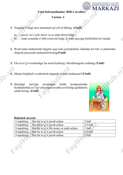 5-sinf informatikadan bsb-1 savollari (variant-2) — DOCX