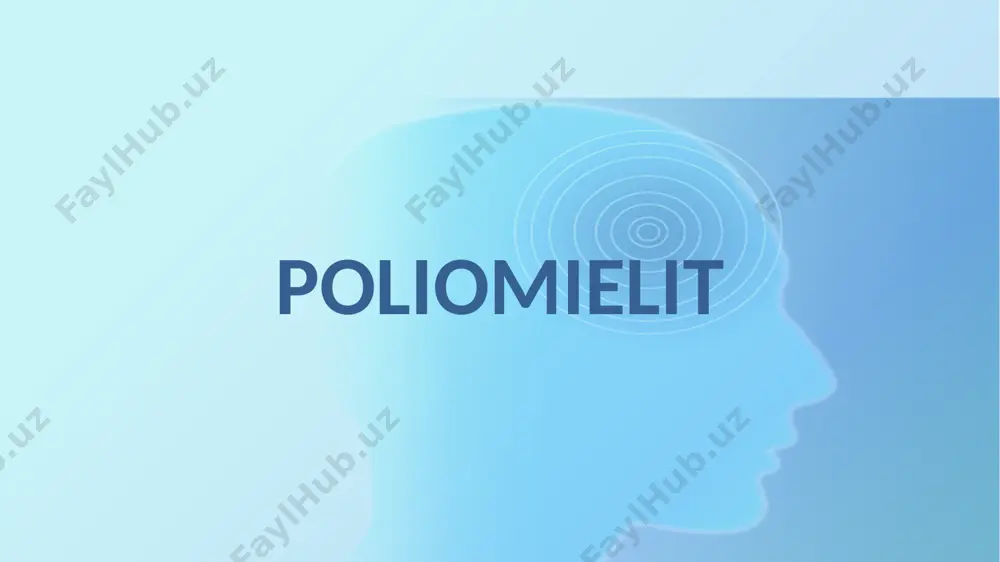 i ichaklardagi limfa tugunlari va peyer pilakchalarida sodir bo’ladi. limfa tizmasidan viruslar qonga tushib gematogen yo’l orqali mns ga kiradi va periferik asab tolalari aksoni bo’ylab, hamda haraklantiruvchi neyronlar bo’ylab tarqala boradi. viruslarga orqa miyaning oldingi shoxlari juda sezgir bo’lib, ularning destruktsiyasi paralichlar rivojlanishiga olib keladi. mat zararlanishidan tashqari miokardit ham rivojlanishi mumkin. viruslarning asab tizimiga kirishi hamma zararlanganlarning 1 % ni tashkil qiladi. qolganlarda kasallikning paralichlarsiz kechadigan shakli rivojlanadi yoki virus tashuvchi bo’ladi. kasallikning o’tkir davrida orqa miya giperemiyalangan, shishgan kulrang moddasida qon quyilishlar va nekrozlar kuzatiladi. kasallikni boshidan kechirgan shaxslarda turg’un gumoral immunitet qoladi. klinikasi kasallikning yashirin davri 5 kundan 35 kungacha bo’lib ko’prok hollarda 10-12 kunni tashkil kiladi. tasnifi: 1) paralichlarsiz (meningial shakli); 2) paralitik. paralitik poliomielit. patologik jarayoning joylashgan joyiga karab orka miya, bulbar, pontin, entsefalitik hamda aralash shakllariga bo’linadi. ko’p hollarda orka miya shakli tipik hisoblanib oyok-ko’llar, tana, bo’yin va diafragmaning paralichi bilan kechadi. paralitik …