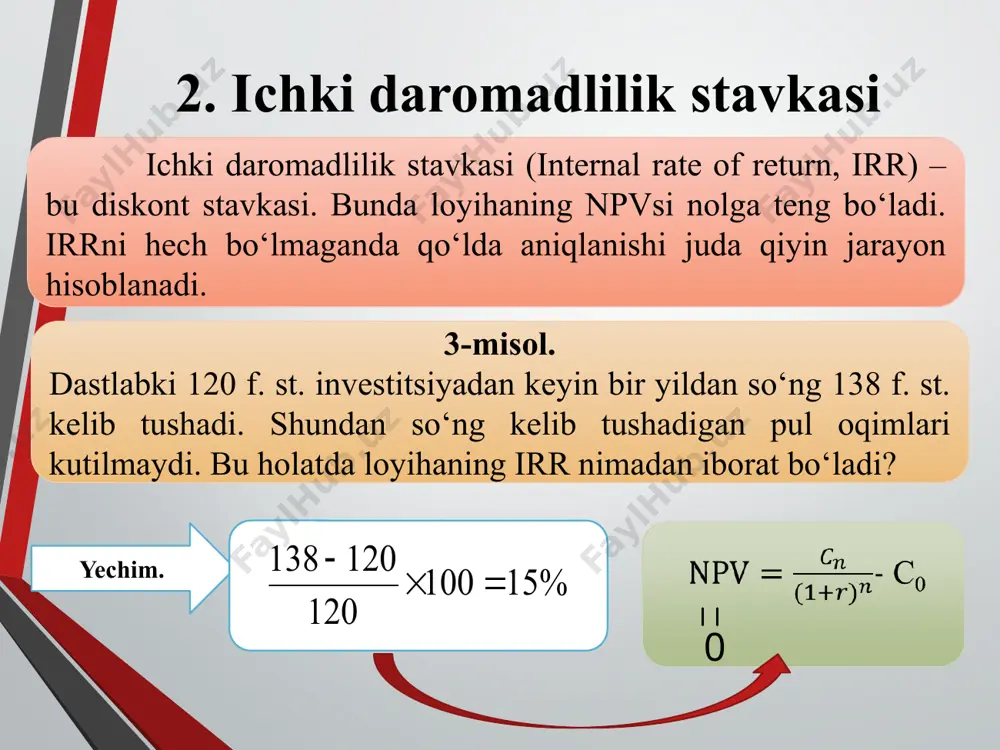 i ko‘rib chiqamiz. ichki daromadlilik stavkasi; qoplash muddati; foydaning buxgalteriya me’yori. foydaning buxgalteriya me’yori arr foydaning buxgalteriya me’yori. arr[accounting rate of return (arr)] - o‘rtacha (yoki boshlang‘ich) investitsiyalarning hajmiga nisbatan foizda ifodalangan loyihadan olingan o‘rtacha buxgalteriya foydasi. (odatda foizda bo’ladi) har yilgi pul oqimi - amortizasiya boshlangich kapital qo’yilmasi amortizasiya inv. qiymati – inv. tugatish qiymati inv. hayotiyligi ликвидационная стоимость «zenit», f. st. «super», f. st. narx (bir vaqtning o‘zida to‘lanadi) 20 000 25 000 har yilgi tejamkorlik: yil 1 4 000 8 000 2 6 000 6 000 3 6 000 5 000 4 7 000 6 000 5 6 000 8 000 + 25 000 = 6,4% “super” ” loyihasi = 6 600 (yillik o’r) = 5000 (amortizasiya) arr= keltirib chiqaramiz = 5800 (yillik o’r) “zenit” loyihasi = 4000 (amortizasiya) arr= qaror qabul qilish qoidasi faqat taxmin qilingan arr oldindan belgilangan darajadan oshib ketadigan loyihalarni tasdiqlashdan iborat bo'lishi …