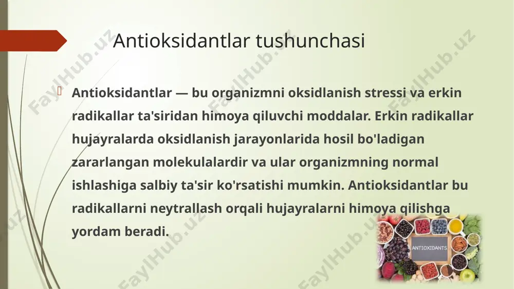 ltirib chiqaradi. bu jarayon hujayra membranasining tuzilishini buzishi, uning o'tkazuvchanligini o'zgartirishi va hujayra o'limiga olib kelishi mumkin. antioksidantlar, ayniqsa, vitamin e va selen, hujayra membranalaridagi lipidlarni himoya qilishda muhim rol o'ynaydi. e’tiboringgiz uchun rahmat! image1.png image2.jpeg image3.jpeg image4.jpeg image5.jpeg image6.jpeg image7.jpeg image8.jpeg image9.jpeg image10.jpeg image11.jpeg image12.jpeg image13.jpeg image14.jpeg image15.jpeg /docprops/thumbnail.jpeg