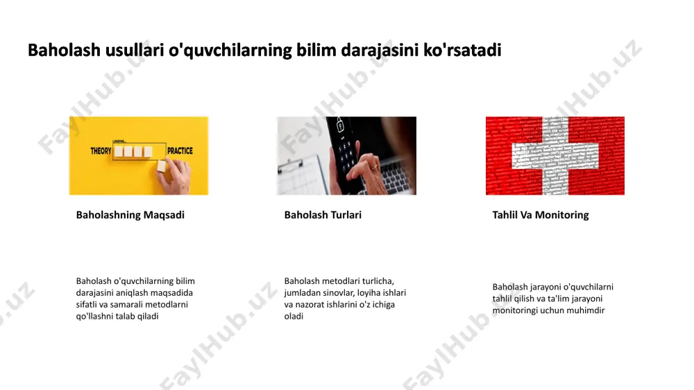 ol o'ynaydi. ular o'quvchilarning bilim va ko'nikmalarini aniqlashga yordam beradi. baholash vositalari o'quv jarayonini yaxshilashga yordam beradi muvofiqlikni ta'minlash baholash vositalari o'quv dasturlarining samaradorligini baholashda muvofiqlikni ta'minlaydi. bu o'quv jarayoni bo'yicha aniq ko'rsatkichlarni beradi. baholash vositalari o'quv jarayonini yaxshilashga yordam beradi o'qituvchilar uchun qulaylik o'qituvchilar baholash vositalaridan foydalangan holda o'z ta'lim metodlarini yangilash imkoniyatiga ega. bu o'zgarishlar ta'lim sifatini oshiradi. baholash vositalari o'quv jarayonini yaxshilashga yordam beradi jamoaviy o'qish baholash vositalari jamoaviy fikr almashish va o'zaro o'rganishni rag'batlantiradi. bu o'quv jarayonini yanada samarali qiladi. o'quvchilarning individual yutuqlarini baholash muhimdir yutuqlarni baholashning ahamiyati o'quvchilarning yutuqlarini baholash ularning ta'limdagi o'sishlari va rivojlanishlariga yordam beradi. bu jarayon o'quvchilarning kuchli va zaif tomonlarini aniqlashga imkon beradi. o'quvchilarning individual yutuqlarini baholash muhimdir raqamli baholash usullari raqamli baholash usullari, masalan testlar va loyiha ishlari, o'quvchilarning bilim darajasini aniq tushunish imkonini beradi. bu usullar ta'limni yaxshilashda yordam beradi. o'quvchilarning individual yutuqlarini baholash muhimdir ovoz berish va fikr …