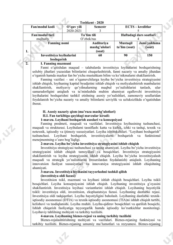arni boshqarish. 12-mavzu. loyihani yakunlash loyihani ishga tushirishga tayyorlash. uskunalarni ishga tushirish, dastlabki sinovdan o’tkazish va uning ish sifatini nazorat qilish. texnologiyalarni boshqarishga zaruriy kadrlarni ta’minlash, ularni tayyorlash va malakasini oshirish. ishlab chiqarish jarayonini nazorat qilish. daromadlar hisobiga investitsiyalar qoplanishi monitoringini olib borish. loyiha samaradorligini baholash. shartnomalarni yopish. loyihadan chiqish. iii. amaliy mashg’ulotlap bo’yicha ko’pcatma va tavsiyalar ((laboratoriya ishlari), (seminar mashg’ulotlari), (kurs ishi), (mustaqil ta’lim) o’quv rejada ko’rsatilmagan) amaliy mashg’ulotlap uchun quyidagi mavzular tavsiya etiladi: 1-mavzu. loyihani boshqarish asoslari va konsepsiyasi; 2-mavzu. loyiha bo’yicha investitsiya strategiyasini ishlab chiqish; 3-mavzu. investitsiya loyihasini tayyorlashni tashkil qilish (investitsiya oldi fazasi); 4-mavzu. loyihaning biznes-rejasi va uning tarkibiy tuzilishi; 5-mavzu.investitsiya loyihalari marketingi; 6-mavzu. loyihaning kapital byudjetini ishlab chiqish va moliyalashtirish manbalarini shakllantirish; 7-mavzu. loyihaning ishlab chiqarish rejasi; 8-mavzu. investitsiya loyihasini boshqarishni rejalashtirish va tashkil etish; 9-mavzu. loyiha risklarini boshqarish; 10-mavzu. loyihaning sifat menejmenti; 11-mavzu. loyiha komandasini boshqarish; 12-mavzu. loyihani yakunlash. amaliy mashg’ulot mavzularida fanning ishchi …