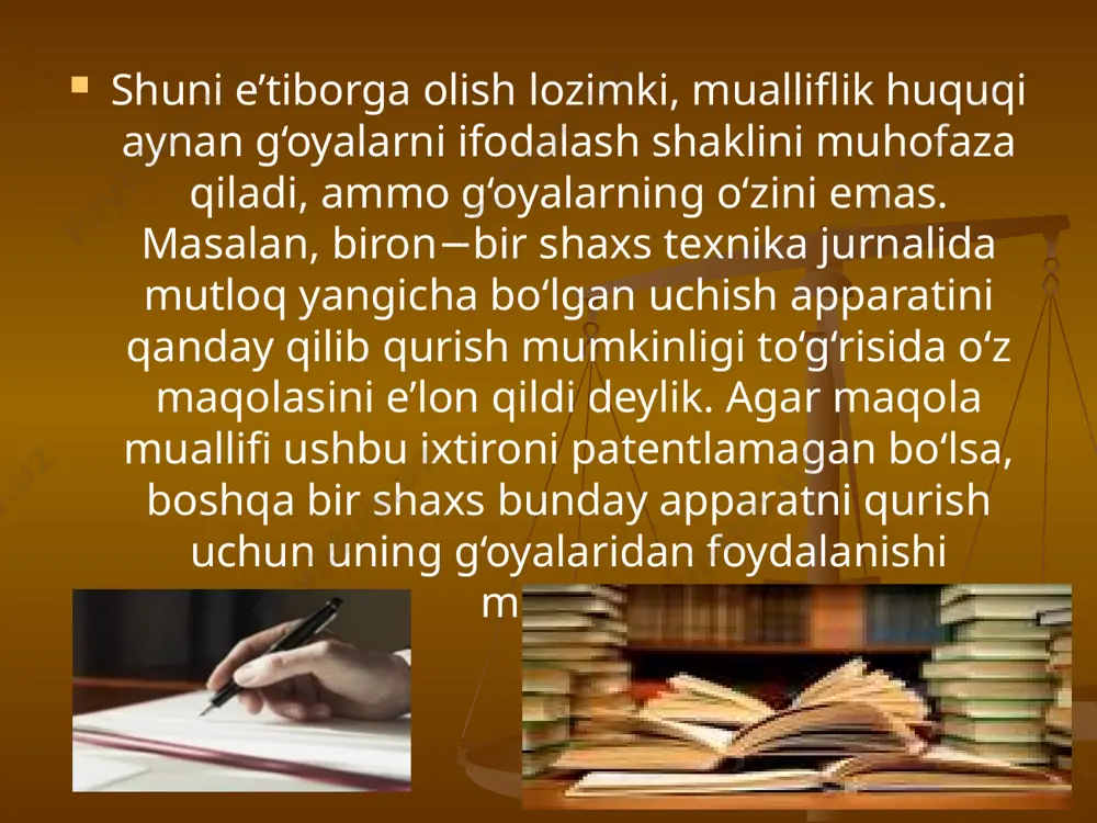hartnoma tuzmagan holda foydalanish dеb hisoblanadi. qonunchilikka asosan turdosh huquqlardan foydalanish to’g’risidagi shartnomani bajarmagan yoki lozim darajada bajarmagan yoхud asardan shartnoma tuzmagan holda g’ayriqonuniy ravishda foydalangan shaхs shartnomani bajarmaganlik yoki lozim darajada bajarmaganlik uchun javobgarlik to’g’risida umumiy qoidalarga muvofiq javobgar bo’ladi. muallif unga mualliflik huquqini buzish natijasida yеtkazilgan ma’naviy ziyonni undirishni talab qilishga haqli. ma’naviy ziyonni aniqlashda jabrlanuvchining jismoiny va ruhiy qiynalishlari, хususan, jabrlanuvchining shaхsiy azoblari inobatga olinishi kеrak. ma’naviy ziyonning miqdori sud tomonidan bеlgilanadi. etiboringiz uchun raxmat. image1.jpeg image2.jpeg image3.jpeg image4.jpeg image5.jpeg image6.jpeg image7.png