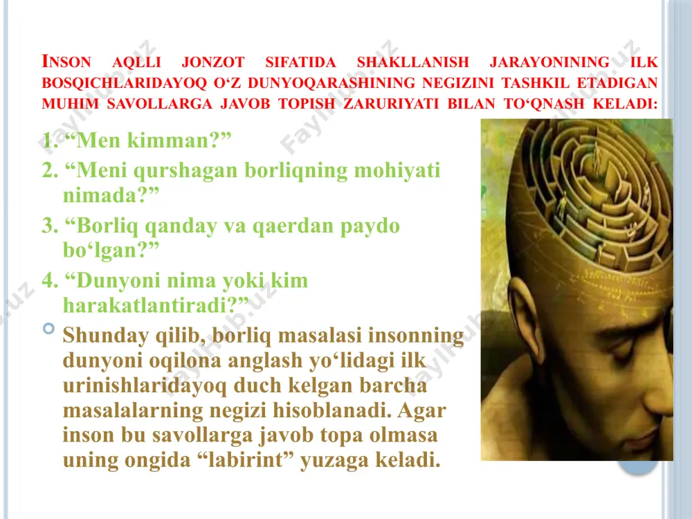 nosabatda mavjud bo‘ladi. dualizm dastlab arastu ta’limotida paydo bo’lgan. biroq u idealist sifatida aniq to’xtamga kela olmagan/ mazkur yo‘nalishga xvi asrda r.dekart asos solgan. asosiy holatlari: ikkita mustaqil substansiya mavjud: moddiy (davom etish xususiyatiga ega bo‘lgan) va ma’naviy (fikrlash xususiyatiga ega bo‘lgan); dunyoda barcha narsalar u yoki bu substansiyalardan kelib chiqqan (ya’ni moddiy narsalar moddiy, ma’naviy narsalar ma’naviydan kelib chiqqan); •insonda bir vaqtning o‘zida ikkita substansiya mujassamlashgan – ham moddiy, ham ma’naviy; materiya va ong (ruh) – yagona borliqning ikki qarama-qarshi va o‘zaro bog‘liq tomonlaridir; •falsafaning asosiy masalasi (qay biri birlamchi –ongmi, materiyami) aslida mavjud emas, chunki materiya va ong bir-birini to‘ldiradi va doimo mavjud. materiya - borliqning moddiy shakli sifatida materiya haqida fikr yuritishdan avval, bizni qurshab turgan olamning turlicha namoyon bo‘lish haqida tushunchalarga ega bo‘lishimiz lozim bo‘ladi. bizga ma’lumki, bizni qurshab turgan olam uch dunyo sifatida namoyon bo‘ladi. mikrodunyo makrodunyo megadunyo. materiyaning ikki xil ko`rinishi bor: modda va …