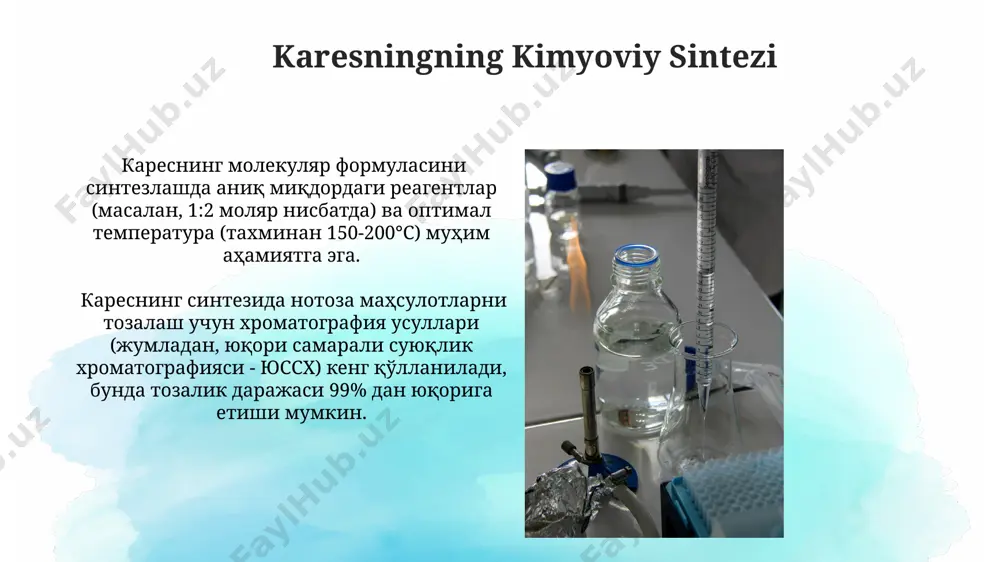 xolesterin, triglitseridlar) miqdori, karesningning rivojlanish mexanizmini tushunishga va individual davolash strategiyasini ishlab chiqishga yordam beradi. karesningning farmakologik xususiyatlari karesningning farmakologik ta'siri, dozaga bog'liq ravishda, 10-30 mg/kg oral qabul qilinganda sezilarli darajada kuzatiladi va yallig'lanishga qarshi ta'sirini namoyon qiladi. karesning tarkibidagi faol moddalar, 50% gacha biokiraolishga ega bo'lib, plazma konsentratsiyasini 2-4 soat ichida maksimal darajaga yetkazadi. karesningning kelajagi va tadqiqotlari davolash usullarini yaxshilash uchun, keyingi 10 yil ichida karesningga oid 50 dan ortiq klinik tadqiqotlar o'tkazilishi va natijalar ma'lumotlar bazasiga kiritilishi rejalashtirilgan. karesningning kelajagi, biokimyoviy markerlarni aniqlash orqali 5 yildan keyin 20% ga yaxshilanishi va 1000 dan ortiq yangi birikmalarni sinashni o'z ichiga oladi. e'tiboringiz uchun rahmat @taqdimot_robot image2.jpg image3.jpg image4.jpg image5.jpg image6.jpg image7.jpg image8.jpg image9.jpg image10.jpg image11.jpg image12.jpg image13.jpg image1.png
