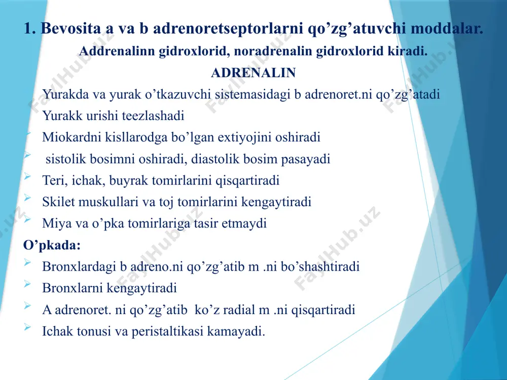 rlarda b-adreno.ret.ni falajlaydi endogen va ekzogen ketoxolaminlarni ta’siriga to’saqinlik qiladi, qon bosimini pasaytiradi. 3. bevosita a va b adrenoretseptorlarni falajlovchi moddalar. lobetalol-qon bosimini pasaytiradi, gipertaniya kasalligini davolashda ishlatiladi. og’iz orqali yuboriladi, me’da –ichaklar orqali yaxshi so’riladi, jigarda parchalanadi,buyraklar orqali chiqib ketadi. 4. bilvosita a va b adreno.ni falajlovchi moddalar. rezorpin, oktadin rezorpin-katixolaminlardan noradrenalin, boshqa aminlardan serotonin, gistamin hamda atsetilxoliningv to’planishiga yo’l qo’ymaydi. qon-tomirlarda, yurakda, buyrak usti bezining miya qismida va boshqa a’zolarda noradrenalin miqdori kamyadi. yengil psixozlarga nisbattan neyroleptik ta’siri bor uyqu keltiradi, uxlatuvchi va narkoz uchun qo’llaniladigan moddalar ta’sirini oshiradi haroratni bir oz tushuradi yuqori miqdorda va davomli qo’llanilsa – depressiya va parkinsanizim holatlari ro’y berishi mumkun qo’llash mumkun bo’lmagan xolatlar: yurak qon-tomir yetishmovchiligi bor bemorlarga oshqozon va 12 barmoq ichak yara kasalligi bor bemorlarda /docprops/thumbnail.jpeg