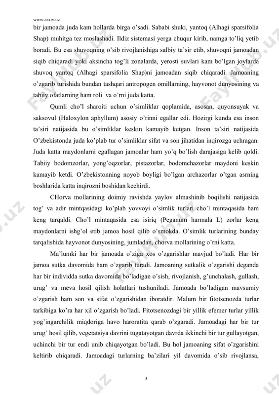 chorva mollarining o’rni katta. ma’lumki har bir jamoada o’ziga xos o’zgarishlar mavjud bo’ladi. har bir jamoa sutka davomida ham o’zgarib turadi. jamoaning sutkalik o’zgarishi deganda har bir individda sutka davomida bo’ladigan o’sish, rivojlanish, g’unchalash, gullash, urug’ va meva hosil qilish holatlari tushuniladi. jamoada bo’ladigan mavsumiy o’zgarish ham son va sifat o’zgarishidan iboratdir. malum bir fitotsenozda turlar tarkibiga ko’ra har xil o’zgarish bo’ladi. fitotsenozdagi bir yillik efemer turlar yillik yog’ingarchilik miqdoriga havo haroratita qarab o’zgaradi. jamoadagi har bir tur urug’ hosil qilib, vegetatsiya davrini tugatayotgan davrda ikkinchi bir tur gullayotgan, uchinchi bir tur endi unib chiqayotgan bo’ladi. bu hol jamoaning sifat o’zgarishini keltirib chiqaradi. jamoadagi turlarning ba’zilari yil davomida o’sib rivojlansa, boshqa bir turlar juda qisqa muddatda o’z vegetatsiyani tugatadi. fitotsenozda turlar son jihatidan ancha kam bo’lib qoladi. jamoadagi har qanday o’zgarish jamoa yashab turgan muhitga-ekologik omillarga bog’liq bo’ladi. o’simliklar qoplamidagi yillik o’zgarishlar f l u k t u a ts …