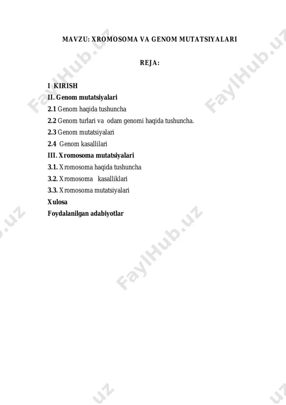 hamda uzoq vaqt mobaynida qanday shakllanishini tadqiq etadi. bioinformatika quyidagi yo’nalishlarda evolutsion biologlarga yordam beradi. bioinformatika - bu molekulyar biologiya, genetika, informatika, matematika va statistikani birlashtirgan fanlararo sohadir. genetik axborotning asosiy saqlovchisi bo‘lgan xromosoma va genom tuzilmalari organizmlarning irsiyati va evolyutsiyasini boshqaruvchi markaziy elementlardir. xromosomalar genetik materialning tartiblangan shaklda saqlanishini ta'minlaydi, genom esa organizmning barcha genlarini o‘z ichiga oluvchi to‘liq genetik to‘plam hisoblanadi. tabiatda bu tuzilmalarning barqarorligi organizmning normal rivojlanishi va funksiyasi uchun muhim ahamiyatga ega bo‘lsa-da, ba’zan ularning tarkibida o‘zgarishlar yuzaga keladi. ushbu o‘zgarishlar mutatsiya deb nomlanadi va ular genetik materialning turli darajalarda – xromosoma va genom miqyosida sodir bo‘lishi mumkin. xromosoma va genom mutatsiyalari murakkab biologik jarayonlarning ajralmas qismi bo‘lib, ularning ba’zilari hayot uchun xavfli irsiy kasalliklarga olib kelishi mumkin, boshqalari esa evolyutsiya jarayonida organizmlarning moslashuvchanligini oshiruvchi yangi belgilarni yuzaga keltiradi. xromosoma darajasidagi o‘zgarishlar, masalan, xromosomalar soni yoki tuzilishining buzilishi, odatda genetik kasalliklarning jiddiy shakllariga olib keladi. shu …