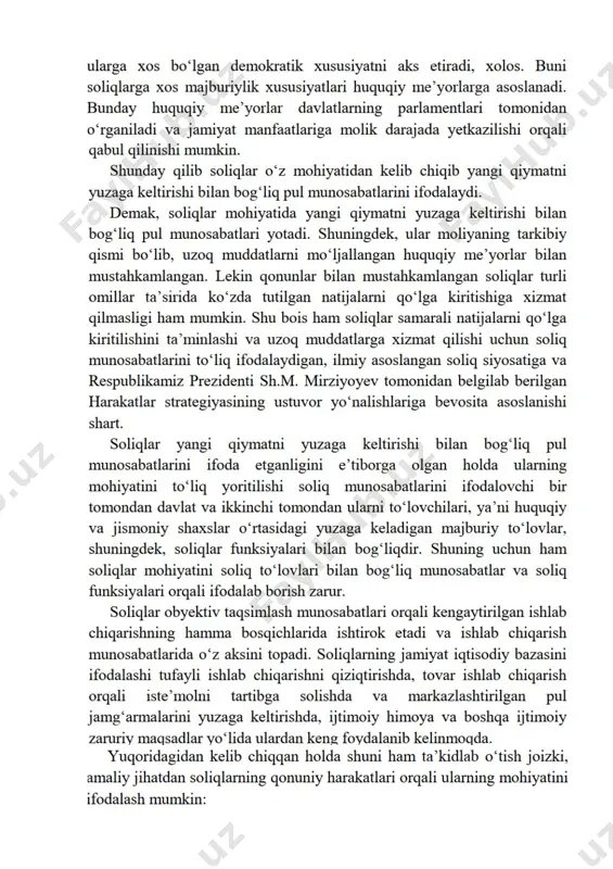 hokimiyati organlari, viloyatlar va toshkent shahar xalq deputatlari kengashlari tomonidan joriy etiladi. ushbu soliqlar va yig‘imlar stavkalarining eng yuqori miqdorlari o‘zbekiston respublikasi prezidenti qarori asosida belgilanadi. o‘zbekiston respublikasi vazirlar mahkamasi o‘zbekiston respublikasining butun hududida ayrim mahalliy soliqlar va boshqa majburiy to‘lovlarni umumiy, qat’iy stavkalarda belgilashi mumkin. mahalliy soliqlar va boshqa majburiy to‘lovlar stavkalari soliq to‘lovchilarga moliya vazirligi, davlat soliq qo‘mitasi va uning quyi organlari tomonidan belgilangan tartibda etkaziladi. soliq kodeksining 18-moddasi, maxsus soliq rejimlari, deb nomlanadi. soliq to‘lovchilarning ayrim toifalari uchun o‘zbekiston respublikasi hududida quyidagi maxsus soliq rejimlari belgilanadi: 1) aylanmadan olinadigan soliq; 2) mahsulot taqsimotiga oid bitimlar ishtirokchilariga soliq solishning alohida tartibi; 3) maxsus iqtisodiy zonalar ishtirokchilariga va ayrim toifadagi soliq to‘lovchilarga soliq solishning alohida tartibi. maxsus iqtisodiy zonalar ishtirokchilariga va ayrim toifadagi soliq to‘lovchilarga soliq solishning alohida tartibi qonun hujjatlarida yoki investitsiya bitimlarida nazarda tutilgan investitsiyalarni amalga oshirish hamda boshqa shartlarni bajarish bilan bog‘liq holda muayyan muddat uchun …
