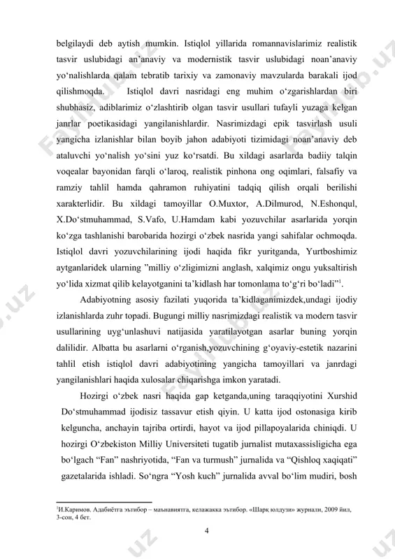 hozirda о‘zbekiston milliy universiteti professori lavozimida ishlab, mamlakatimizda jurnalist kadrlar yetishtirishdek mas’uliyatli ishiga о‘z xissasini qо‘shib kelmoqda. xurshid dо‘stmuhammad bugungi о‘zbek prozasining kо‘zga kо‘ringan vakillaridan biridir. u о‘zining hikoyalari, qissalari va romanlari bilan istiqlol davri о‘zbek nasri taraqqiyotiga sezilarli hissa qо‘shmoqda. uning о‘ziga xos individual badiiy mahorati prozamizni yangicha badiiy talqinlar va tasvir tamoyillari bilan boyitmoqda. xurshid dо‘stmuhammad tarjimon sifatida ham faol ijokordir: u yapon adibi akutagava ryukoskening qator hikoyalarini va rus tilida ijod qilgan temur pо‘latovning qissa va romanlarini о‘zbek tiliga tarjima qilgan. u adabiyotshunos sifatida ham dolzarb mavzularda ilmiy maqolalar, risola va monografiyalar e’lon qilib turadi. ijodkorning olimlik faoliyati esa о‘zining ilmiy asosiga ega. xurshid dо‘stmuhammad 1995 yilda ”hozirgi о‘zbek hikoyachiligida badiiy tafakkurning yangilanishi” mavzuida nomzodlik, 2008 yilda”jurnalistning kasb odobi muammolari: nazariy-metodologik tahlil” mavzuida doktorlik dissertatsiyalarini yoqlagan. yozuvchi ijodidagi о‘ziga xoslik va uslubiy izlanishlaridagi badiiy mahoratga aloqador muammolar haqida о‘zbek adabiyotshunosligida u.normatov, n.karimov, d.tо‘rayev, g.sattarova kabi olimlarning ba’zi …