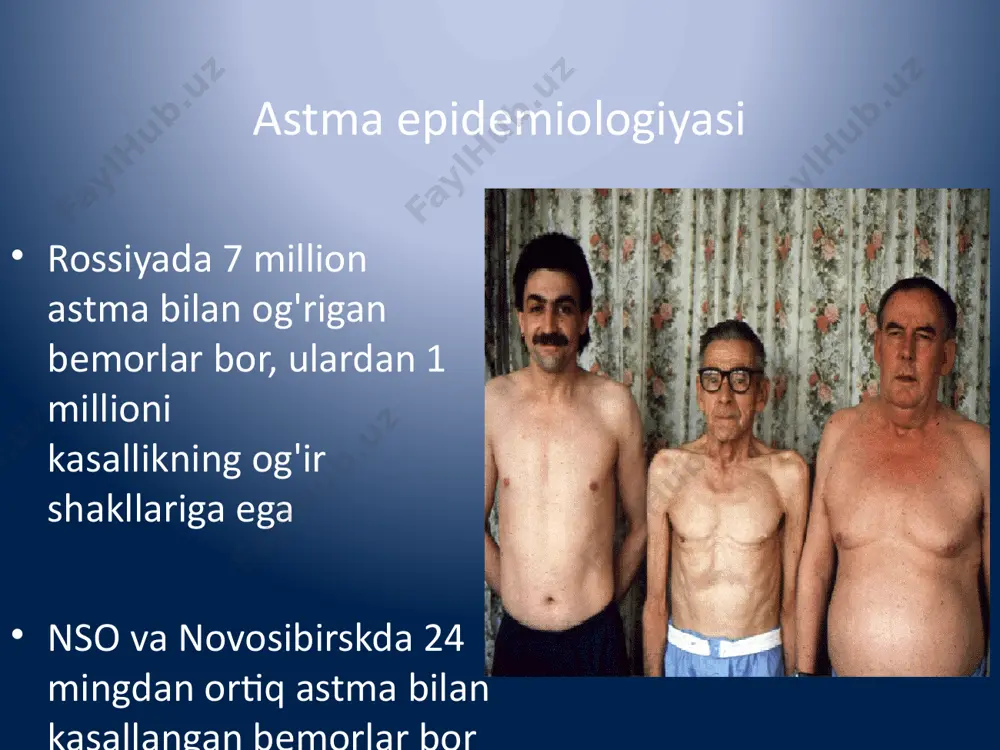 o'pincha o'z-o'zidan yoki davolanish bilan qaytariladi . xavf omillari ichki omillar - odamning astma rivojlanishiga moyilligini aniqlash tashqi omillar - rivojlanishiga sabab bo'ladi ba odamlar bunga moyil - astmaning kuchayishiga va/ yoki kasallik belgilarining uzoq davom etishiga olib keladi ichki omillar xavf bronxial astma: genetik moyillik va topiya qavat _ irqiy/etnik tegishli havo yo'llarining ichki omillar xavf bronxial astma: atopiya atopiya (umumiy atrof-muhit allergenlarining ta'siriga javoban yuqori sezuvchanlik reaktsiyasining rivojlanishi bilan ige ning ortiqcha ishlab chiqarilishi). atopiya astma rivojlanishiga eng muhim predispozitsiya qiluvchi omil bo'lib , bemorlarning 50 foizida uchraydi. ichki omillar xavf bronxial astma: jinsi, etnik kelib chiqishi o'g'il bolalar o'smirlik davrida astmadan ko'proq aziyat chekishadi kattalarda ayollar erkaklarga qaraganda 1,5-3 marta tez-tez astma bilan og'riydilar astma bilan kasallanishdagi irqiy farqlar, ehtimol, ijtimoiy-iqtisodiy maqomdagi farqlarga bog'liq (past ijtimoiy-iqtisodiy maqomga ega bo'lgan odamlarda astma kasalligi va og'irligining oshishi) ichki omillar xavf bronxial astma: nafas yo'llarining bronxial giperreaktivlik (bhr) - bu …