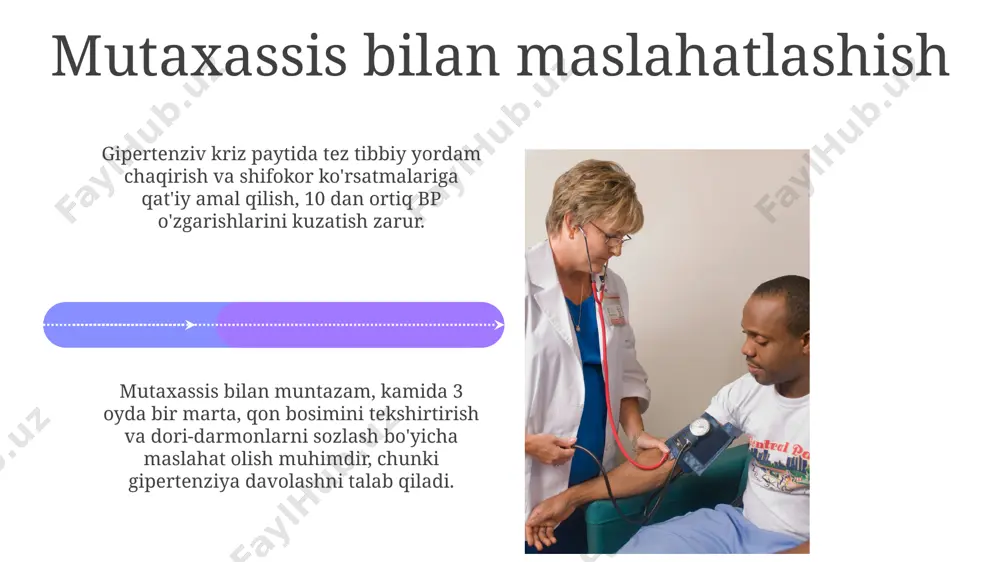 n bosimini 10-20 mm hg ga pasaytirish mumkin, bu esa yurak-qon tomir kasalliklari xavfini sezilarli darajada kamaytiradi. kuniga kamida 30 daqiqa muntazam jismoniy mashqlar, masalan, tez yurish yoki velosipedda yurish, qon bosimini nazorat qilishda muhim rol o'ynaydi. dori-darmonlar гипертонияли инсультларнинг 85%ини эрта аниқланган гипертония олдини олиши мумкин эди, бу эса беморларнинг 15% дан камроғи даволанган деган маънони англатади. гипертония кризининг белгилари кўкракдаги оғриқ, нафас қисиши, бош оғриғи, кўнгил айниши кабиларни ўз ичига олади, бундай ҳолатларнинг 20% дан ортиғи буйрак етишмовчилигига олиб келади. e'tiboringiz uchun rahmat @taqdimot_robot image4.jpg image5.jpg image6.jpg image7.jpg image8.jpg image9.jpg image10.jpg image11.jpg image12.jpg image13.jpg image14.jpg image15.jpg image16.jpg image17.jpg image18.jpg image19.jpg image20.jpg image1.jpeg image2.jpeg image3.jpeg