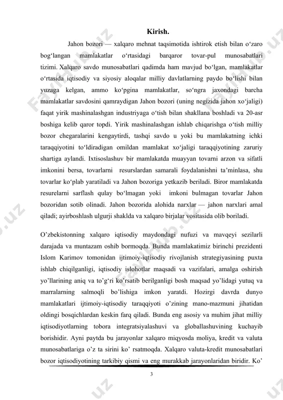ta tizimini barpo etish, uni rivojlantirish bilan bog‘liq bir talay ishlar amalga oshirildi. natijada respublikamizda valuta birjasi shakllandi va u valutalar oldi-sotdisi bilan bog‘liq operatsiyalarni muvaffaqiyatli amalga oshirmoqda. o’zbekistonning jahon hamjamiyatiga asta-sekin integratsiyalashuvi, xalqaro valuta fondi hamda xalqaro taraqqiyot va tiklanish bankiga a’zo bo‘lib kirishi jahonning valuta, kredit, qimmatli qog‘ozlar hamda oltin bozorlarida qabul qilingan zamonaviy kodeksini bilishni talab etadi. «xalqaro valuta-kredit munosabatlari» kursida ushbu munosabatlarning iqtisodiy kategoriyalari, rivojlanish qonuniyatlari, asosiy tamoyillari va tashkil etish shakllari o’rganiladi. qo’llanmada globallashuv sharoitida valuta va valuta munosabatlari, valuta tizimi hamda uning rivojlanish qonuniyatlari, valuta kursi, valuta bozori, valuta operatsiyalari va valuta risklari hamda ularni boshqarish, xalqaro hisob-kitob shakllari, to’lov va hisobkitob balanslari hamda xalqaro kredit munosabatlari kabi masalalar o’z ifodasini topgan. ushbu o’quv qo’llanma kasb-hunar ta’limining «bank ishi» mutaxassisligi bo’yicha ta‘lim olayotgan o’quvchilarga mo’ljallangan. o’quv qo’llanmadan, shuningdek, bank xodimlari, tadbirkorlar va boshqa qiziquvchilar foydalanishi mumkin. i.bob. o‘zbekistonda jahon bozorining shakllanishi 1.1.jaxon bozorining shakllanishi …