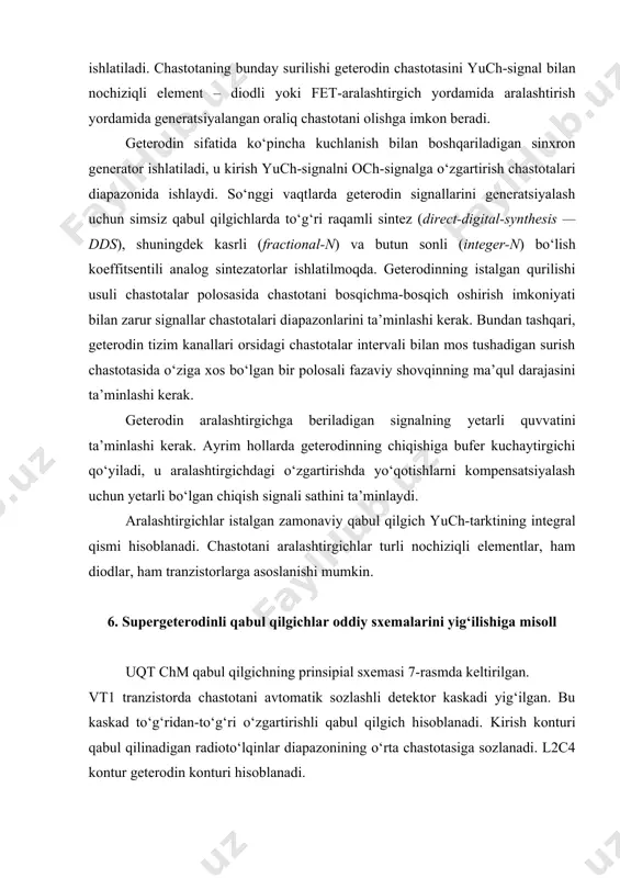 larini generatsiyalash uchun simsiz qabul qilgichlarda to‘g‘ri raqamli sintez (direct-digital-synthesis — dds), shuningdek kasrli (fractional-n) va butun sonli (integer-n) bo‘lish koeffitsentili analog sintezatorlar ishlatilmoqda. geterodinning istalgan qurilishi usuli chastotalar polosasida chastotani bosqichma-bosqich oshirish imkoniyati bilan zarur signallar chastotalari diapazonlarini ta’minlashi kerak. bundan tashqari, geterodin tizim kanallari orsidagi chastotalar intervali bilan mos tushadigan surish chastotasida o‘ziga xos bo‘lgan bir polosali fazaviy shovqinning ma’qul darajasini ta’minlashi kerak. geterodin aralashtirgichga beriladigan signalning yetarli quvvatini ta’minlashi kerak. ayrim hollarda geterodinning chiqishiga bufer kuchaytirgichi qo‘yiladi, u aralashtirgichdagi o‘zgartirishda yo‘qotishlarni kompensatsiyalash uchun yetarli bo‘lgan chiqish signali sathini ta’minlaydi. aralashtirgichlar istalgan zamonaviy qabul qilgich yuch-tarktining integral qismi hisoblanadi. chastotani aralashtirgichlar turli nochiziqli elementlar, ham diodlar, ham tranzistorlarga asoslanishi mumkin. 6. supergeterodinli qabul qilgichlar oddiy sxemalarini yig‘ilishiga misoll uqt chm qabul qilgichning prinsipial sxemasi 7-rasmda keltirilgan. vt1 tranzistorda chastotani avtomatik sozlashli detektor kaskadi yig‘ilgan. bu kaskad to‘g‘ridan-to‘g‘ri o‘zgartirishli qabul qilgich hisoblanadi. kirish konturi qabul qilinadigan radioto‘lqinlar diapazonining o‘rta …