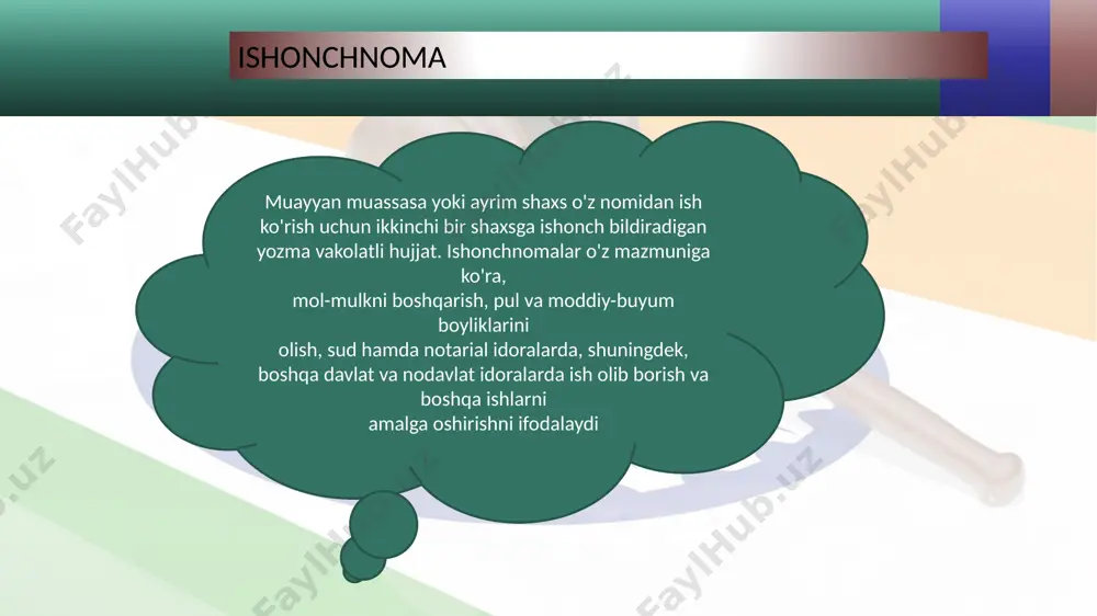 (tavsifnoma). 3. matn. 4. imzolar. 5. sana. 6. muhr. tavsiyanoma biror shaxsni ma'lum lavozimga yoki turli tashkilotlarga a'zo bo'lish uchun tavsiya etish maqsadida tuziladigan rasmiy hujjat. u ma'muriyat yoki alohida shaxs tomonidan berilishi mumkin. tavsiyanoma matnida tavsiya qilinayotgan shaxsning xususiyatlari - mutaxassis sifatidagi malakasi, oilaviy, axloqiy jihatlari va faoliyatiga baho beriladi, u tavsiya etilayotgan lavozim yoki tashkilotga a'zo bo'lishga munosib ekanligi yuzasidan ishonch bildiriladi turli mukofotlarga taqdim etish - taqdimnoma ham tavsiyanoma shaklida bo'ladi. tavsiyanomaning asosiy zaruriy qismlari: 1. hujjatning nomi (tavsiyanoma). 2. matn. 3. tavsiyanoma beruvchi shaxsning lavozimi, ismi, otaismi, familiyasi. 4. imzo. 5. sana. tarjimayi hol ma'lum bir shaxs tomonidan o'z shaxsiy hayoti va faoliyati haqida bay on qilingan yozuv. tarjimayi hoi bir xil andozaga ega emas, mufassal yoki muxtasar yozilishi mumkin. u muallif tomonidan mustaqil tuziladigan hujjatdir. garchi u erkin (ixtiyoriy) tuzilsa-da, biroq tarjimayi holda ayrim qismlarning bo'lishi shart. tarjimayi holning asosiy zaruriy qismlari: 1. hujjatning nomi …